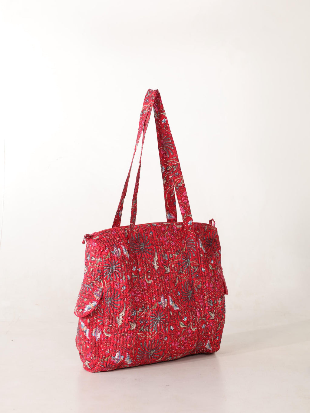 Handcrafted Cotton Weekender Bag - Floral Travel Tote in Red Pink Floral