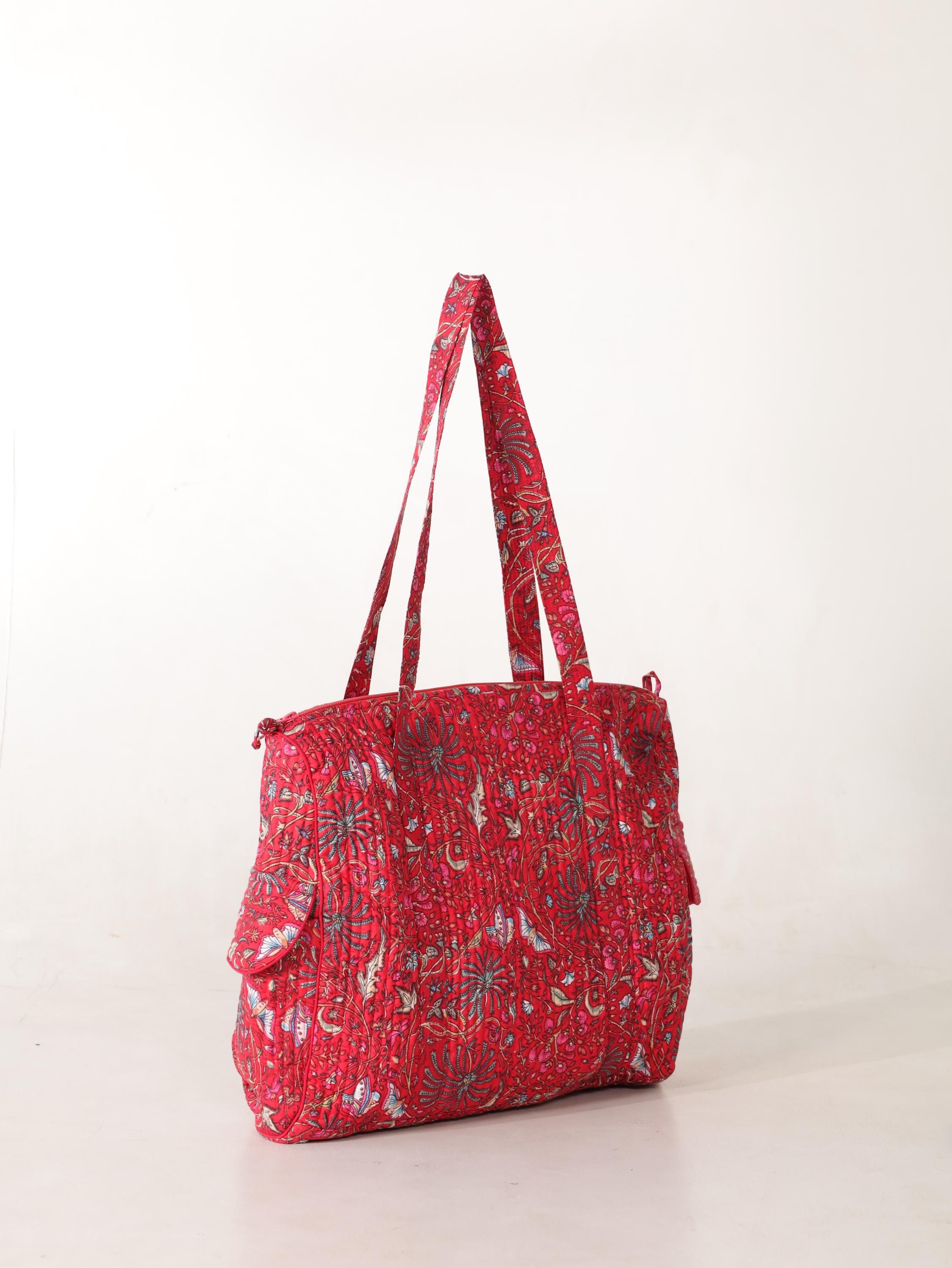 Handcrafted Cotton Weekender Bag - Floral Travel Tote in Red Pink Floral