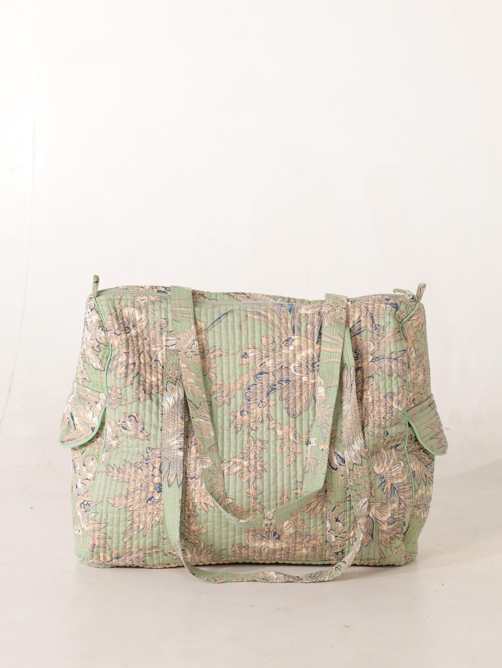 Floral Cotton Weekender Bag - Handcrafted Travel Tote in Light Green Mint Floral