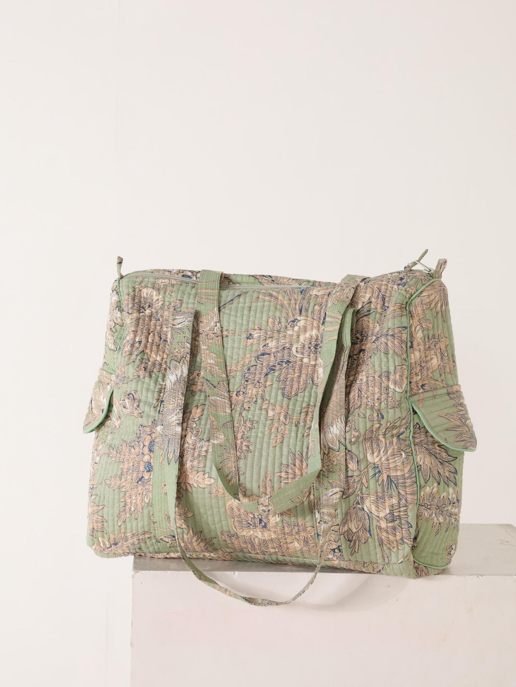 Floral Cotton Weekender Bag - Handcrafted Travel Tote in Light Green Mint Floral