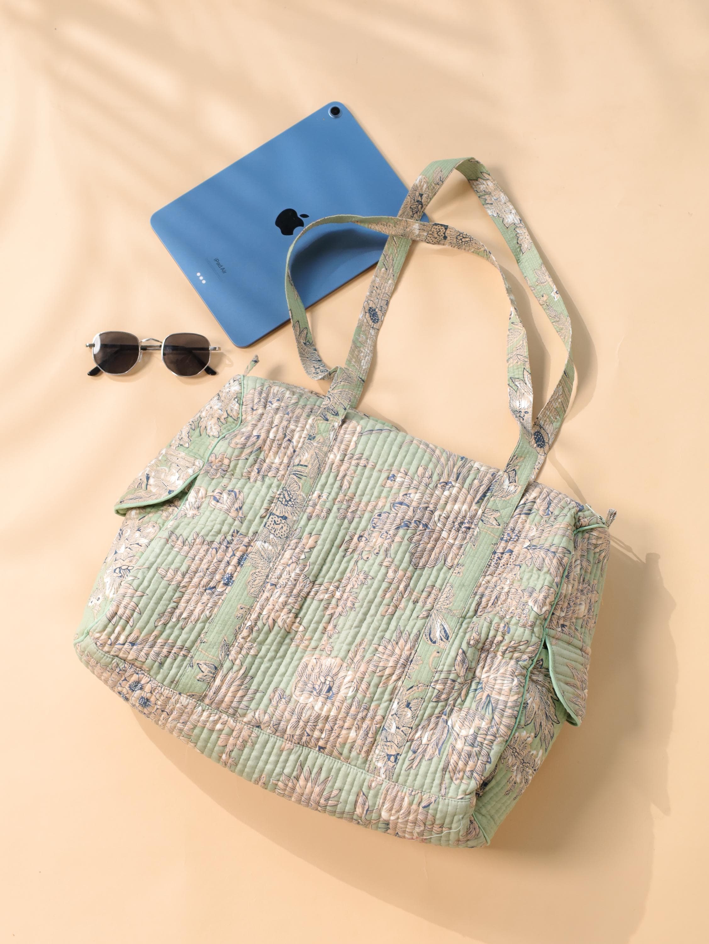 Floral Cotton Weekender Bag - Handcrafted Travel Tote in Light Green Mint Floral