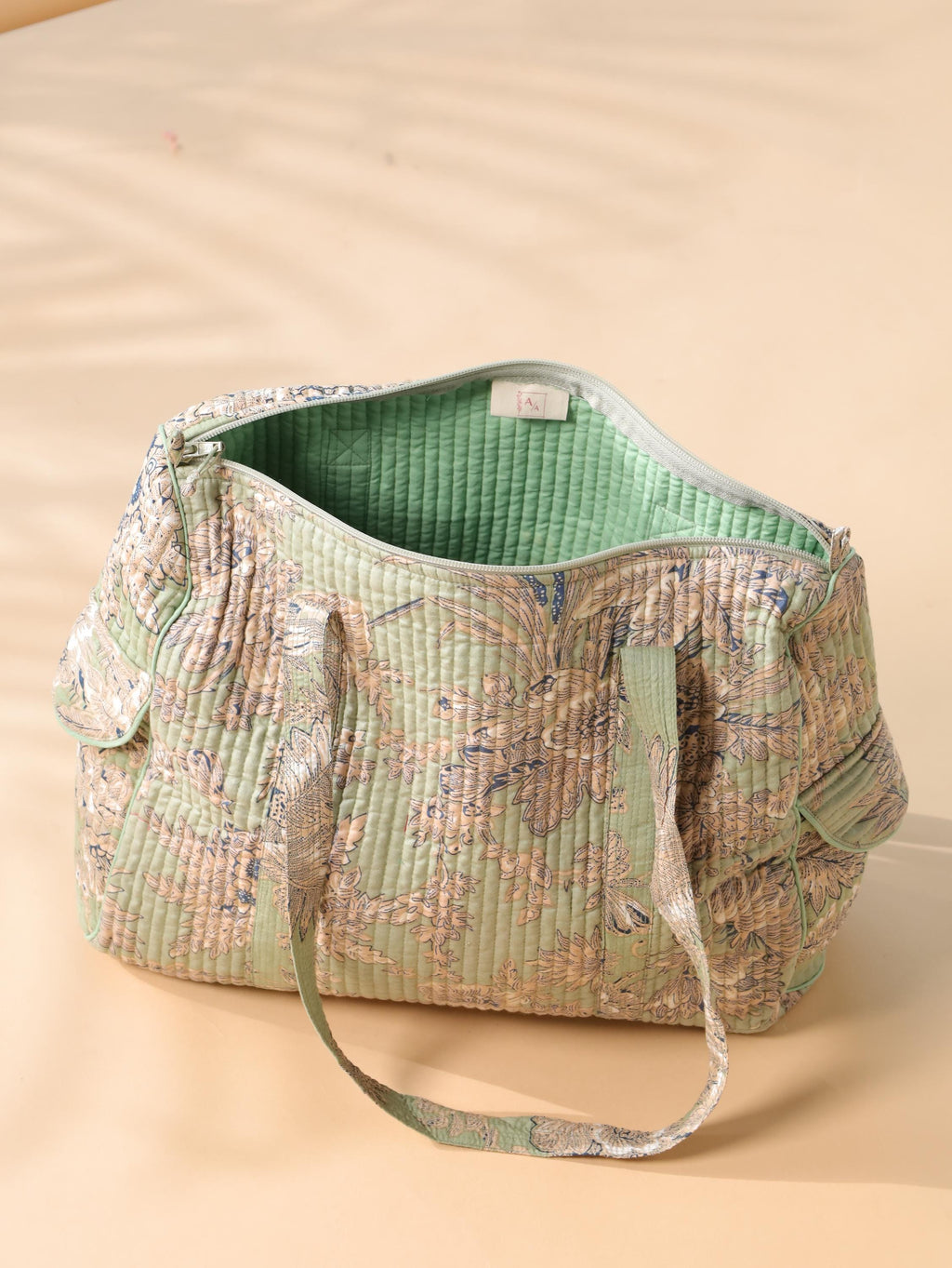 Floral Cotton Weekender Bag - Handcrafted Travel Tote in Light Green Mint Floral