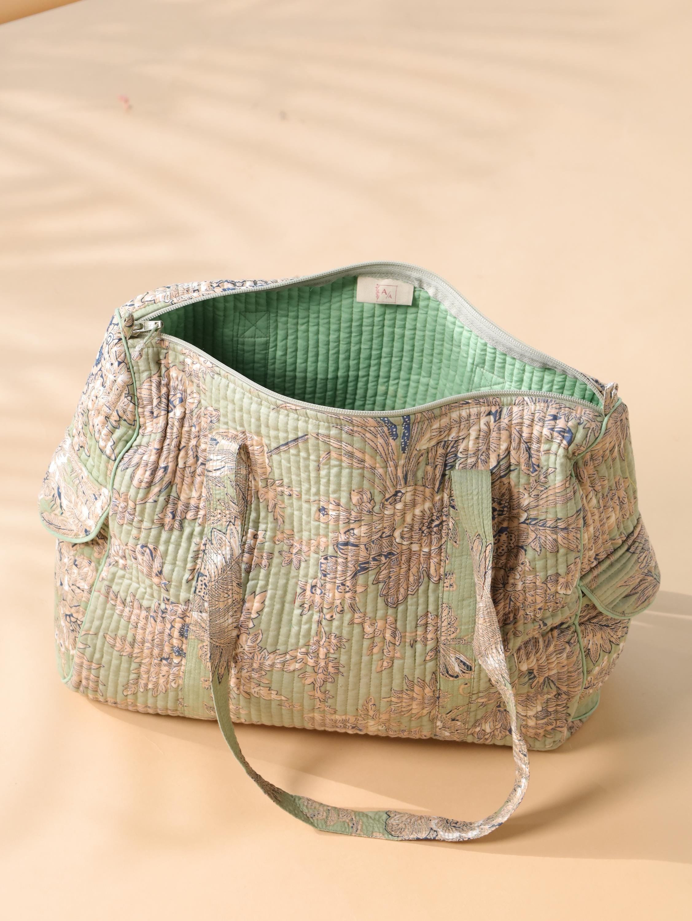 Floral Cotton Weekender Bag - Handcrafted Travel Tote in Light Green Mint Floral