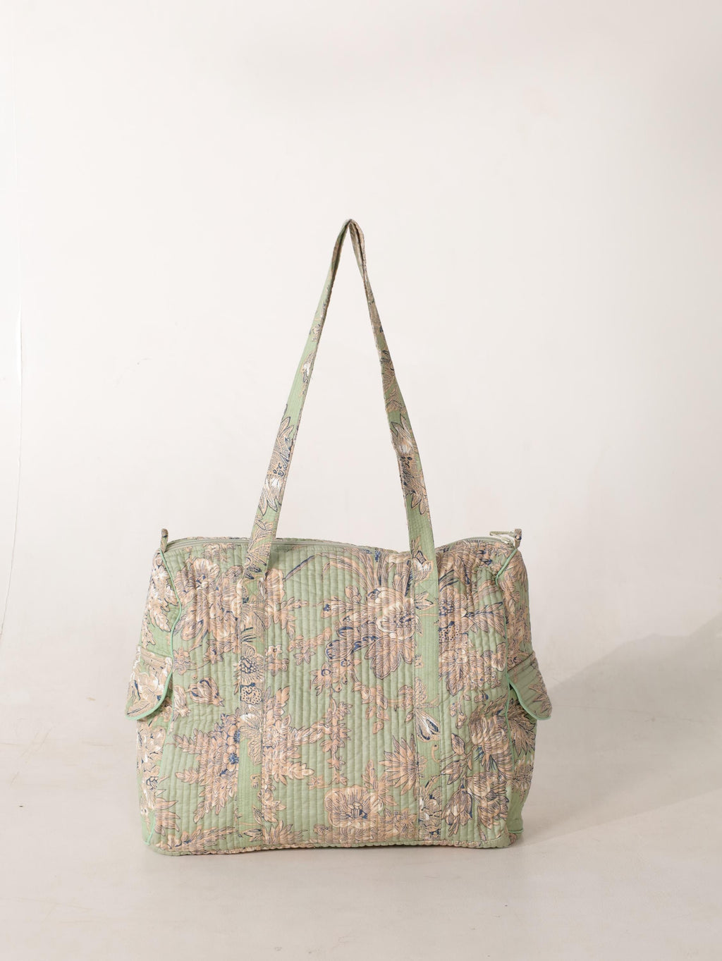 Floral Cotton Weekender Bag - Handcrafted Travel Tote in Light Green Mint Floral