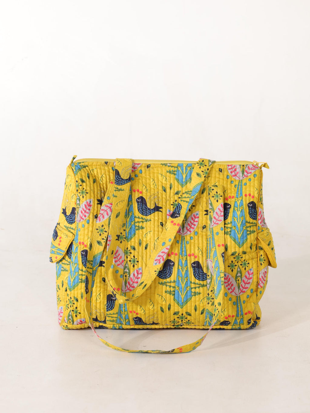 Handcrafted Cotton Weekender Bag - Floral Bird Print Tote in Yellow Blue