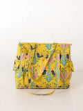 Handcrafted Cotton Weekender Bag - Floral Bird Print Tote in Yellow Blue