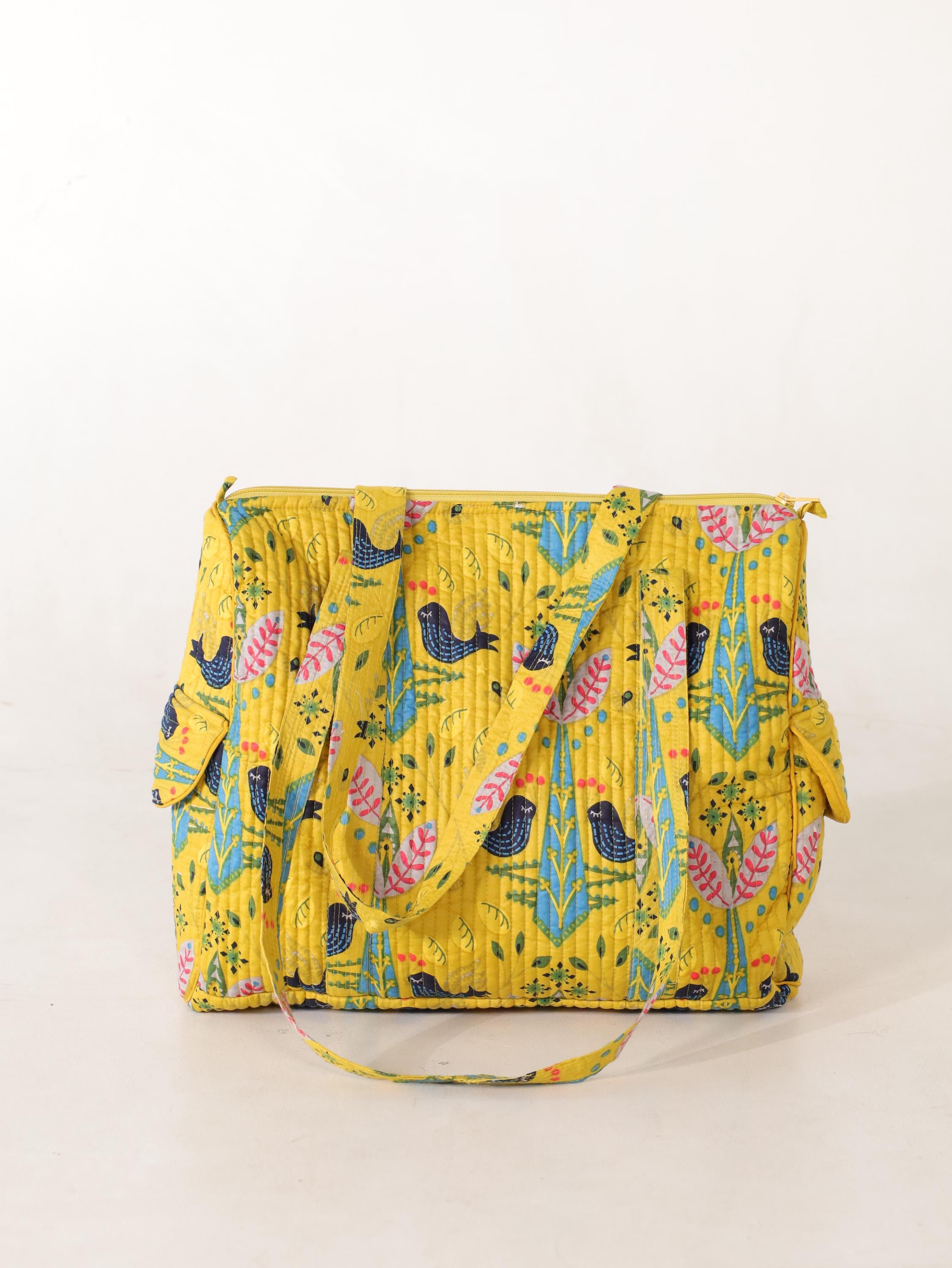 Handcrafted Cotton Weekender Bag - Floral Bird Print Tote in Yellow Blue