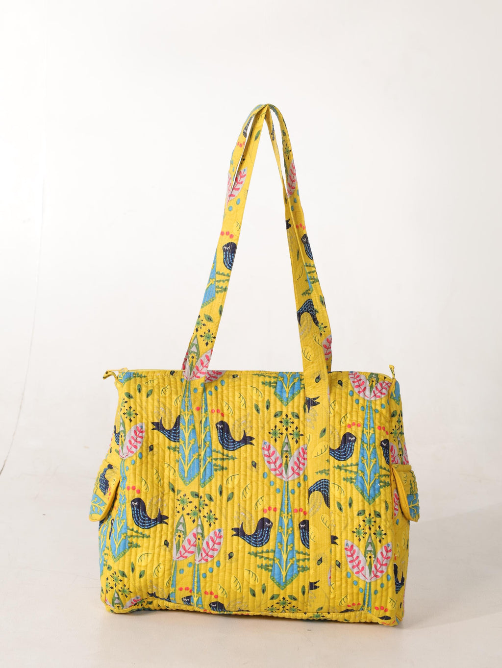 Handcrafted Cotton Weekender Bag - Floral Bird Print Tote in Yellow Blue