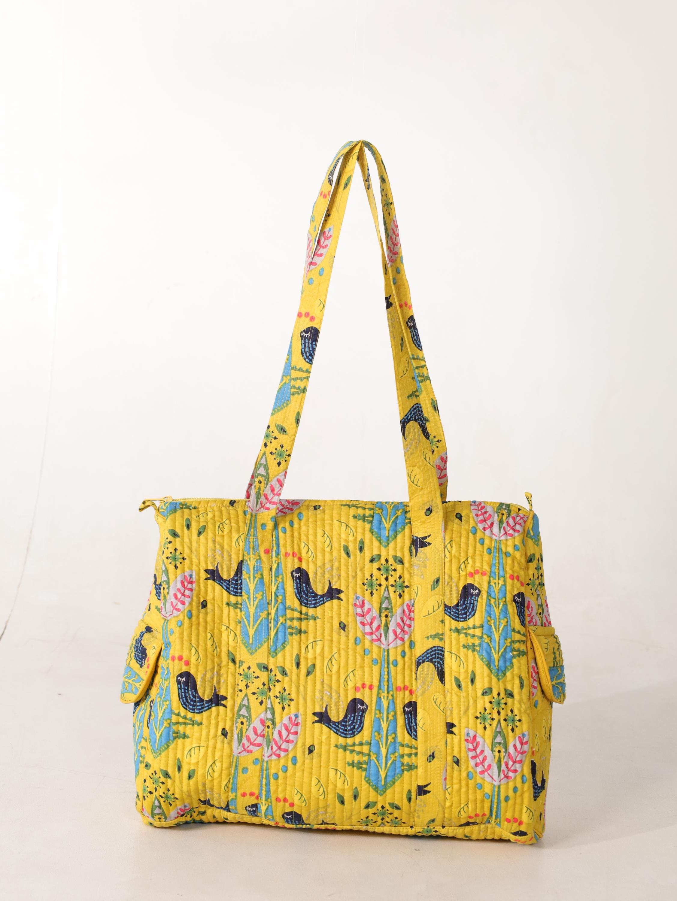 Handcrafted Cotton Weekender Bag - Floral Bird Print Tote in Yellow Blue