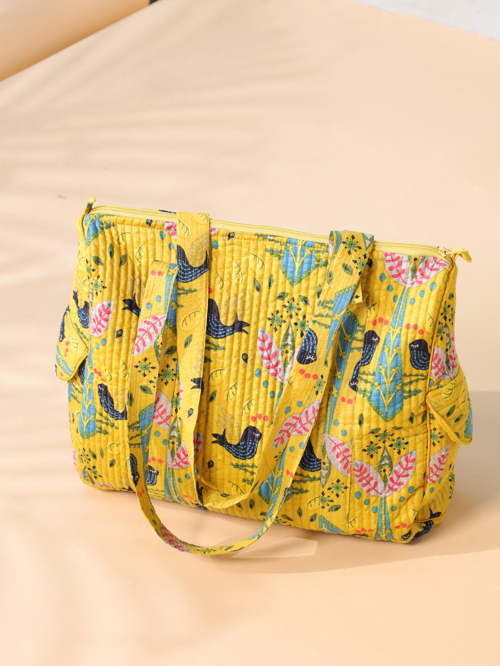 Handcrafted Cotton Weekender Bag - Floral Bird Print Tote in Yellow Blue