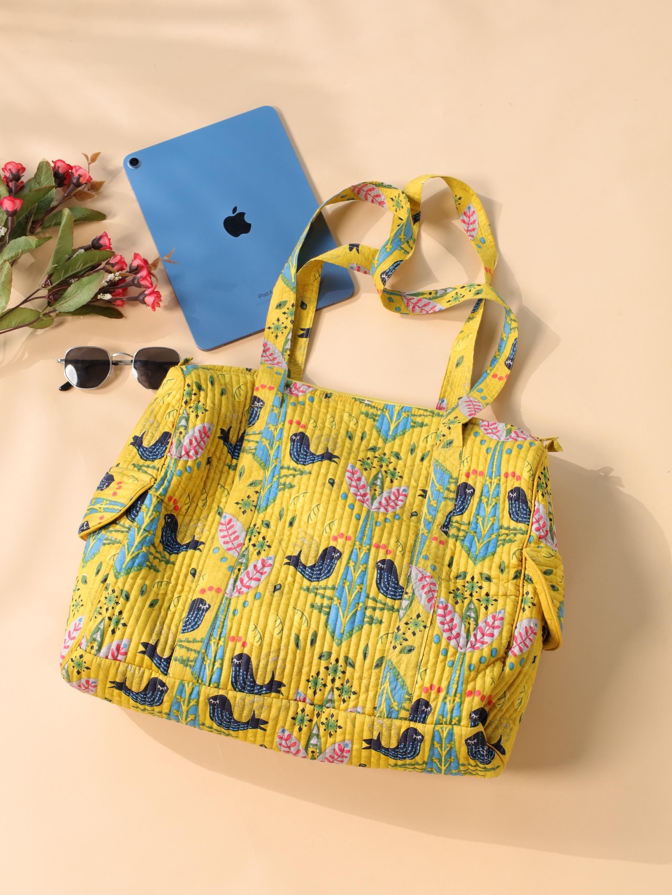 Handcrafted Cotton Weekender Bag - Floral Bird Print Tote in Yellow Blue