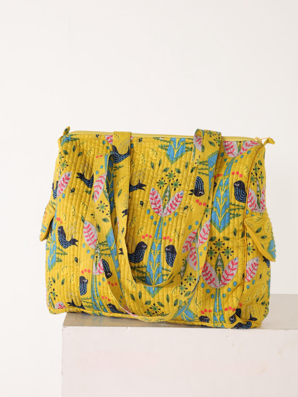 Handcrafted Cotton Weekender Bag - Floral Bird Print Tote in Yellow Blue