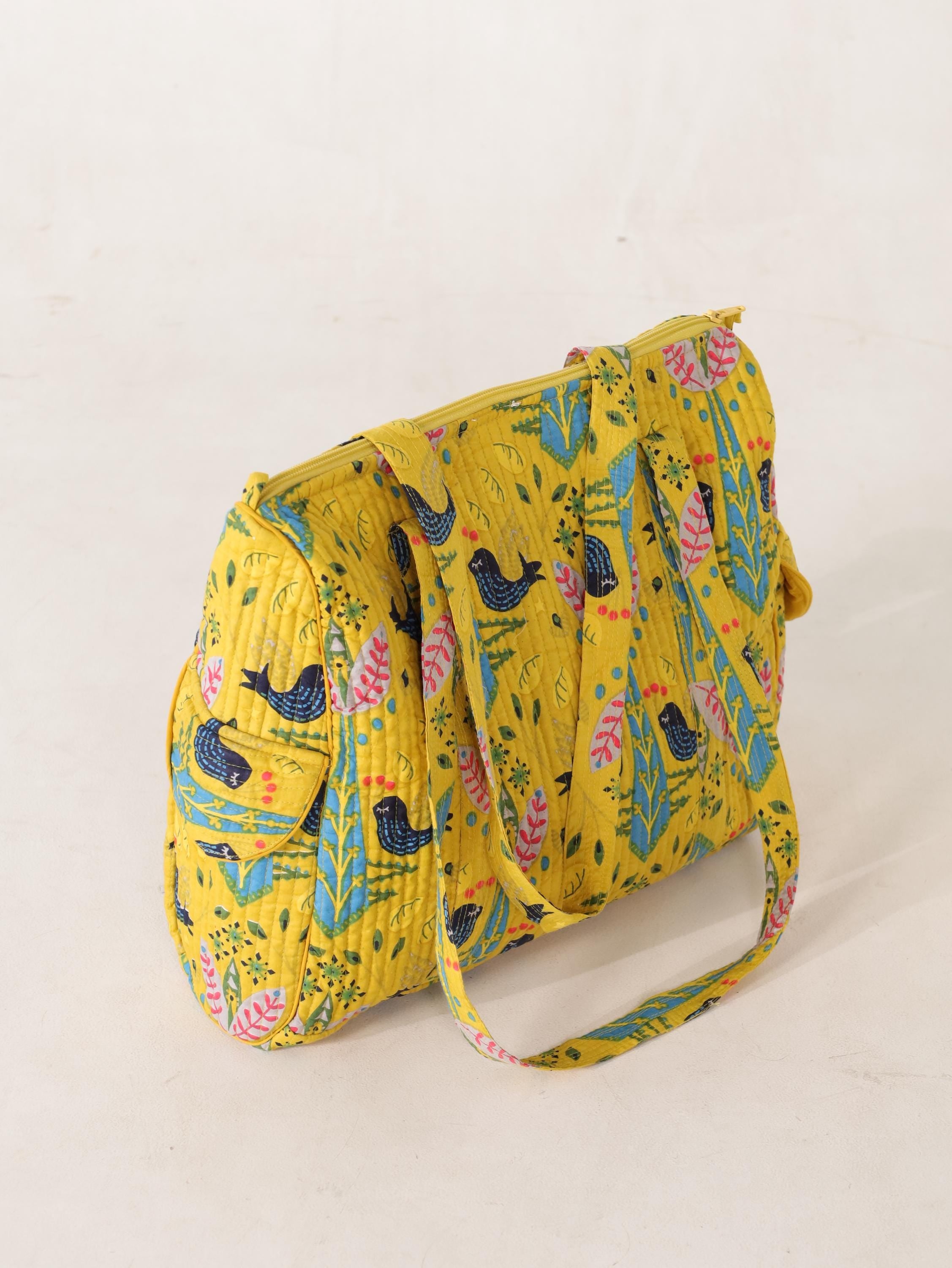 Handcrafted Cotton Weekender Bag - Floral Bird Print Tote in Yellow Blue