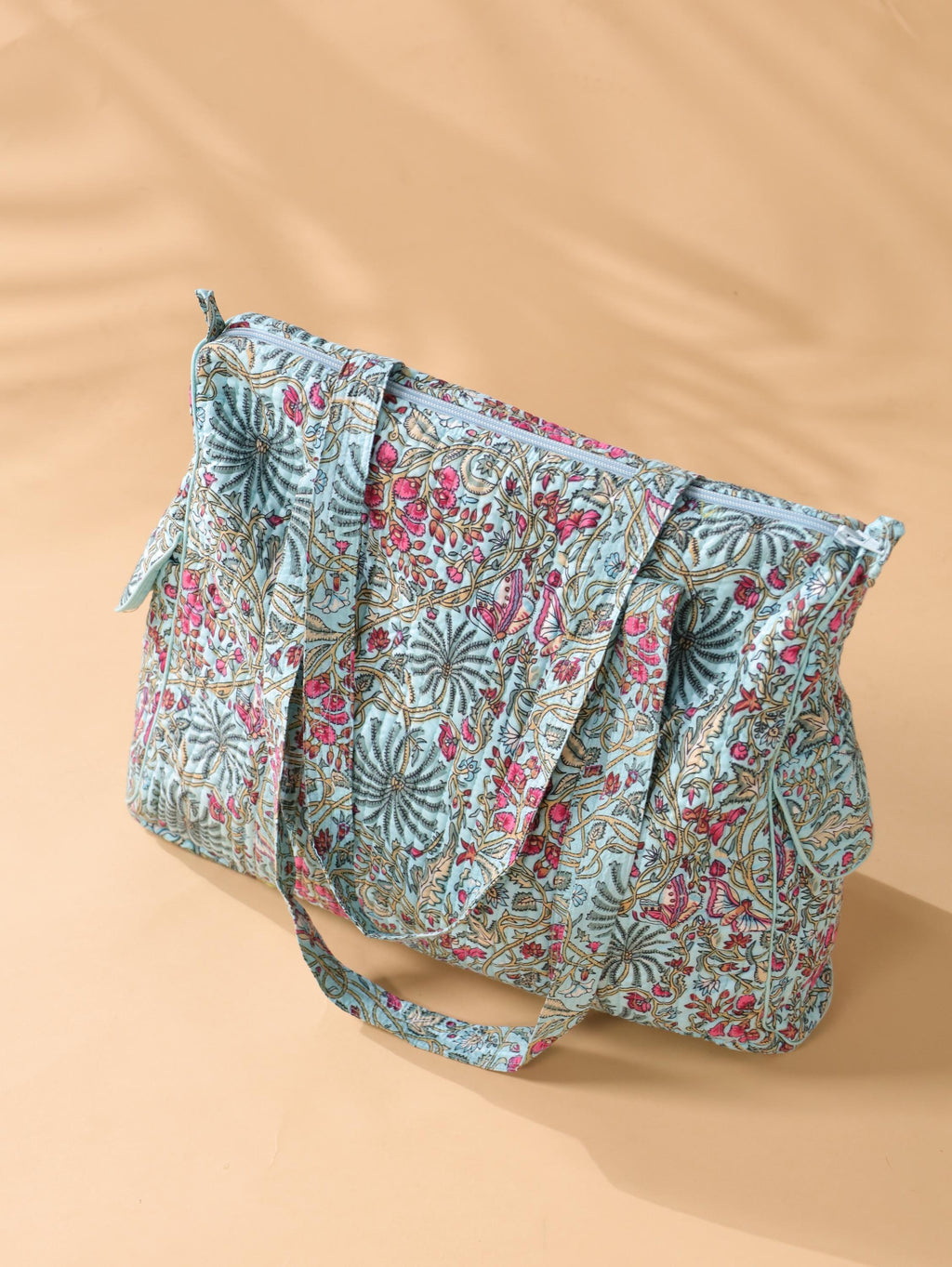 Floral Cotton Weekender Bag - Handcrafted Travel Tote in Teal Blue Pink Floral