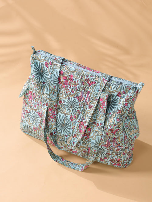 Floral Cotton Weekender Bag - Handcrafted Travel Tote in Teal Blue Pink Floral