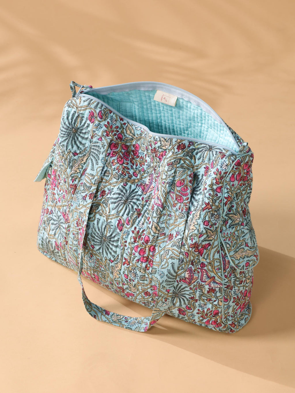 Floral Cotton Weekender Bag - Handcrafted Travel Tote in Teal Blue Pink Floral