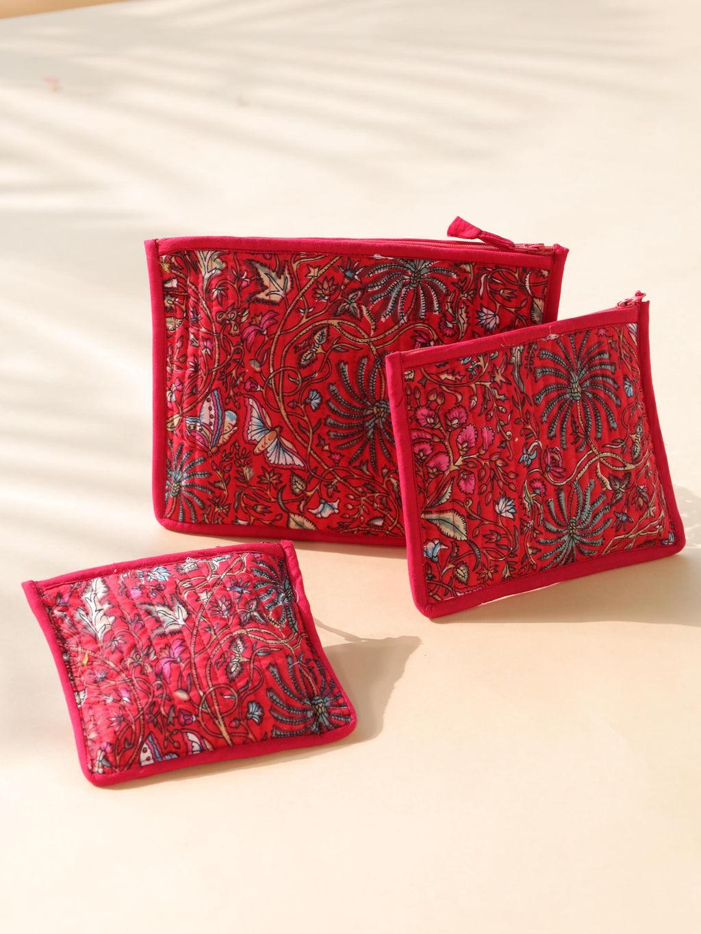 3-Piece Travel Pouch Organizer Set - Red Pink Floral Block Print Cosmetic & Jewelry Bags