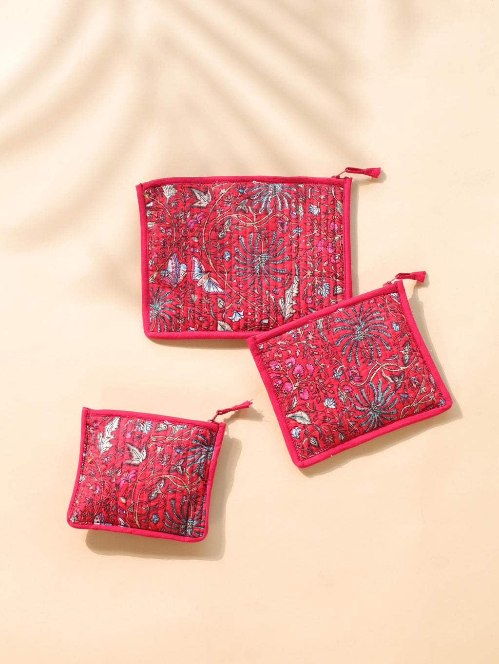 3-Piece Travel Pouch Organizer Set - Red Pink Floral Block Print Cosmetic & Jewelry Bags