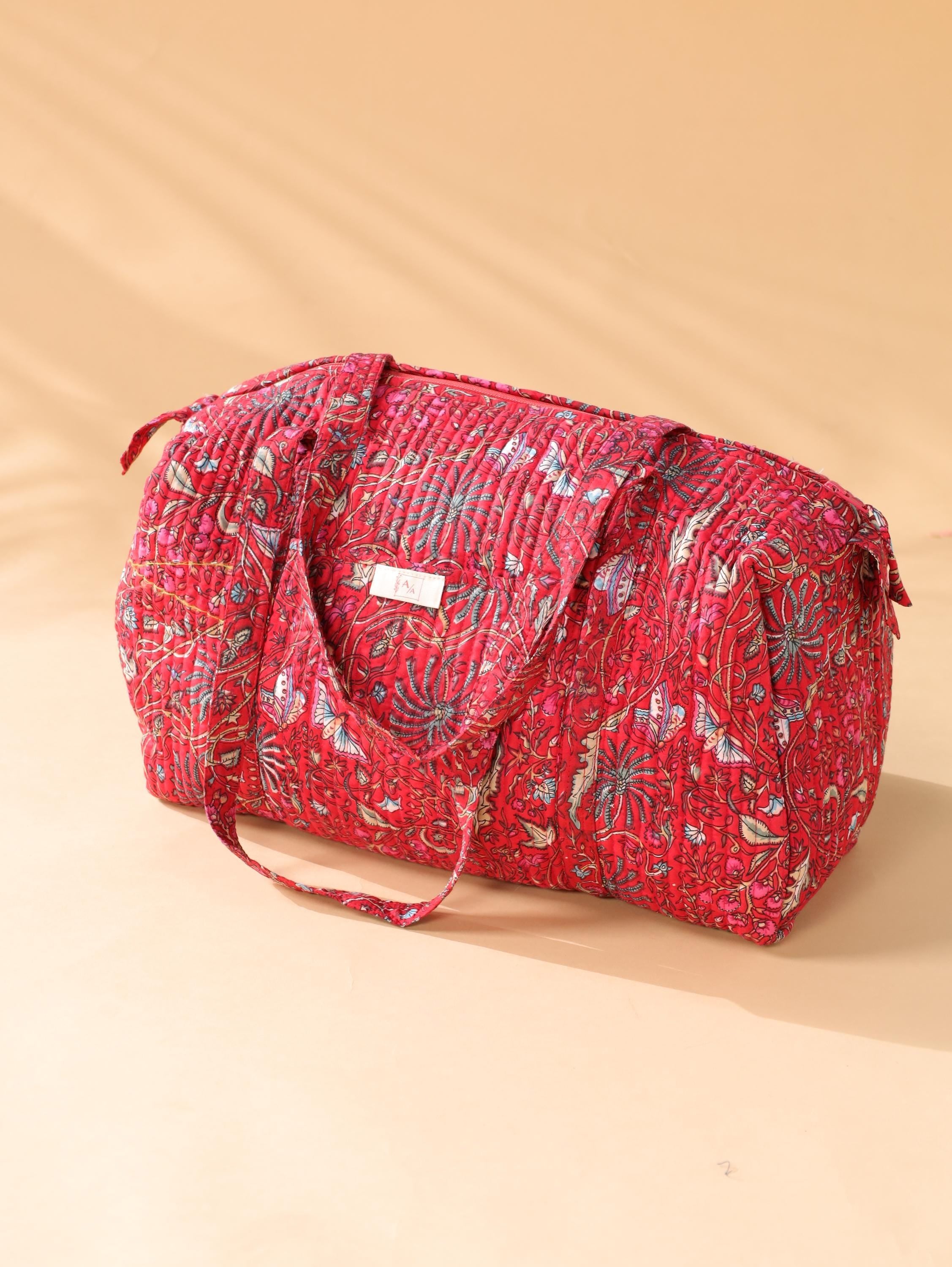 Handmade Floral Block Print Canvas Duffel Bag – Weekend Travel Gym Bag