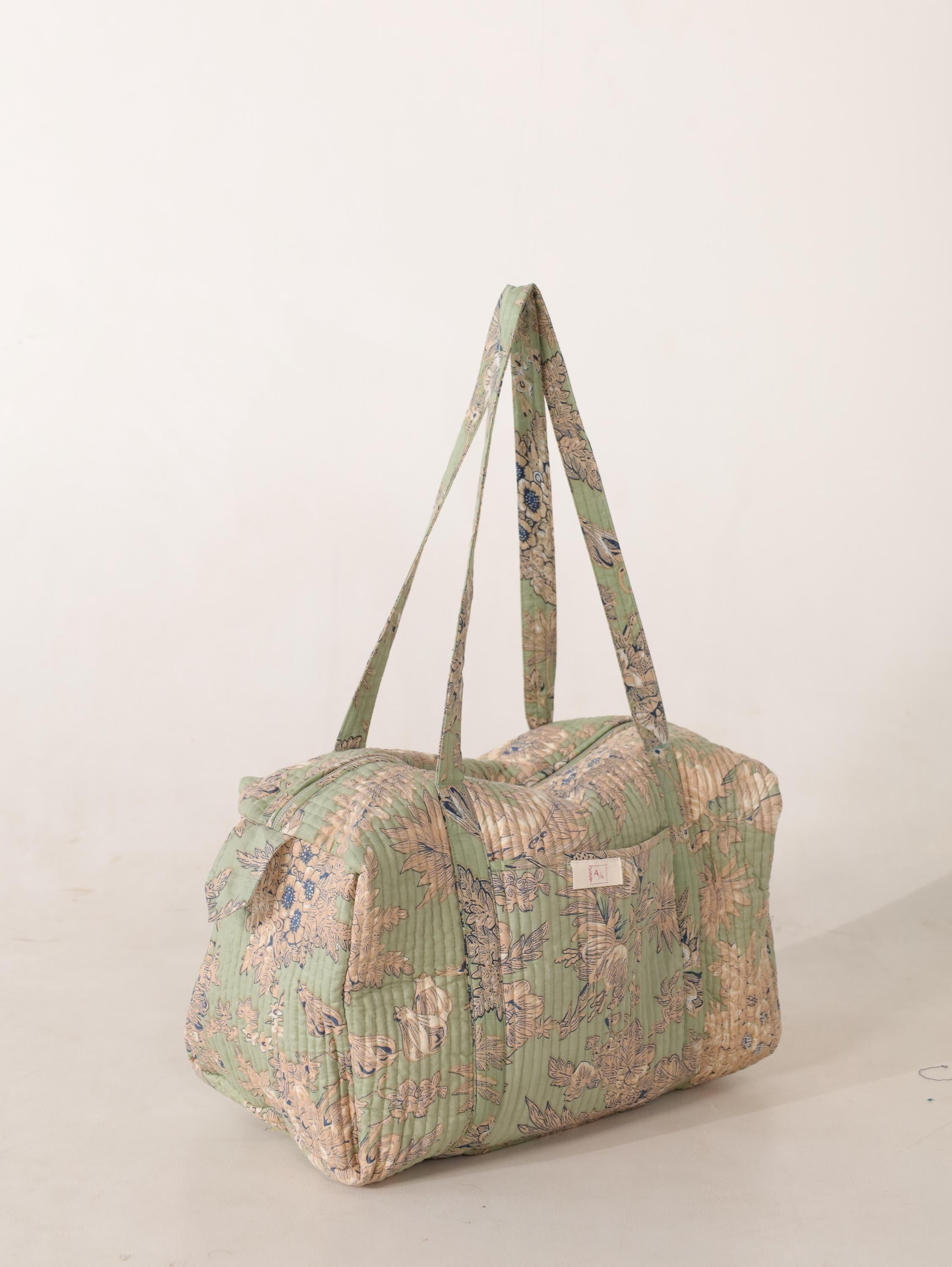 Handmade Canvas Duffel Bag - Sage Green Pink Floral Block Print Gym and Weekend Travel Bag