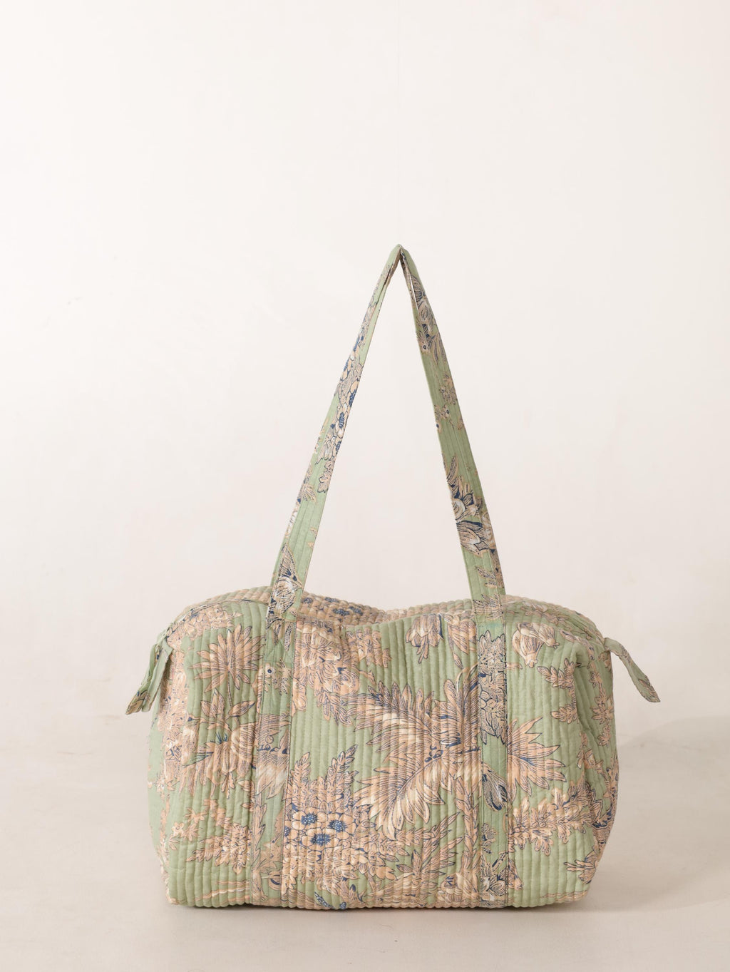Handmade Canvas Duffel Bag - Sage Green Pink Floral Block Print Gym and Weekend Travel Bag
