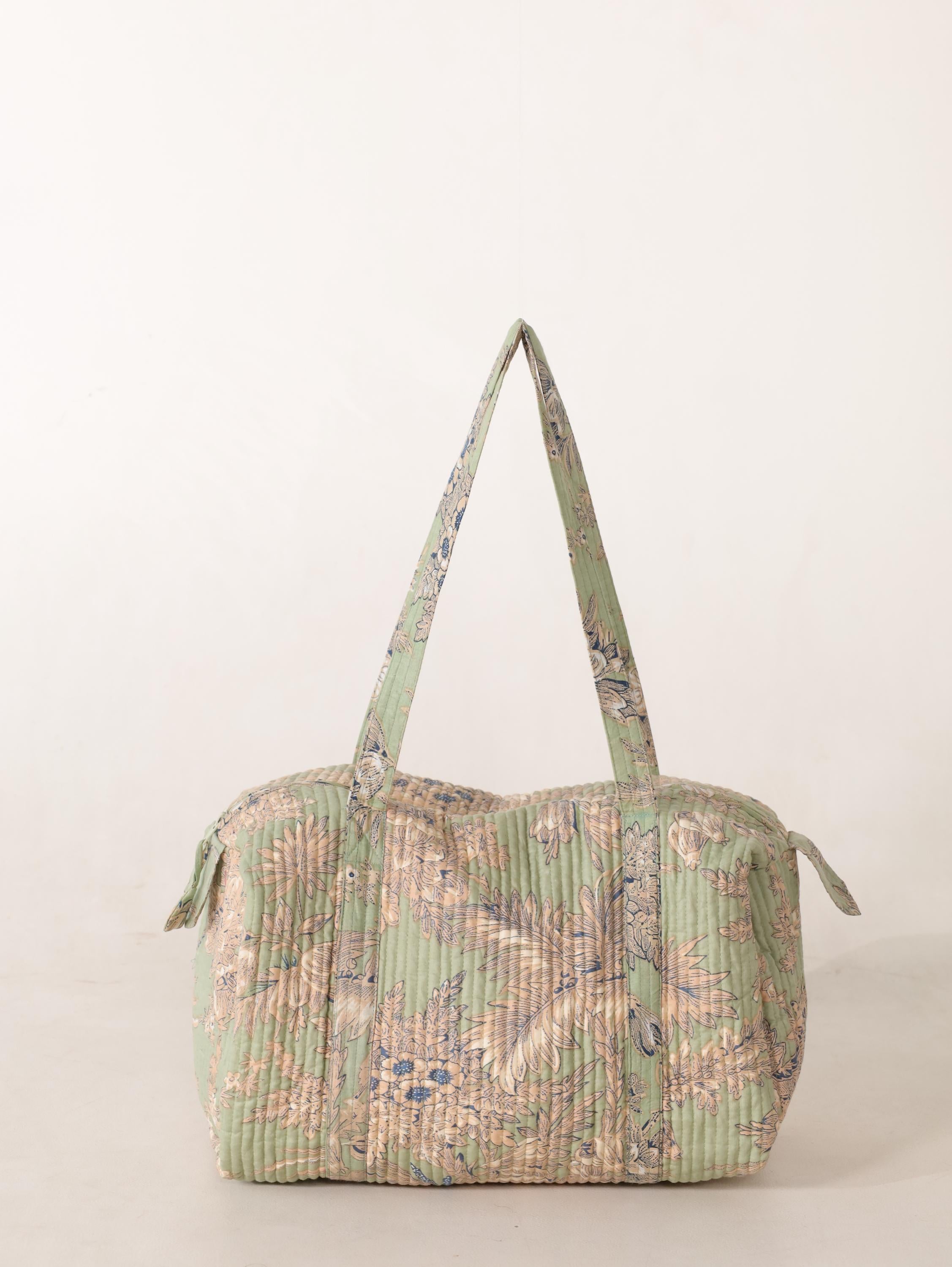 Handmade Canvas Duffel Bag - Sage Green Pink Floral Block Print Gym and Weekend Travel Bag