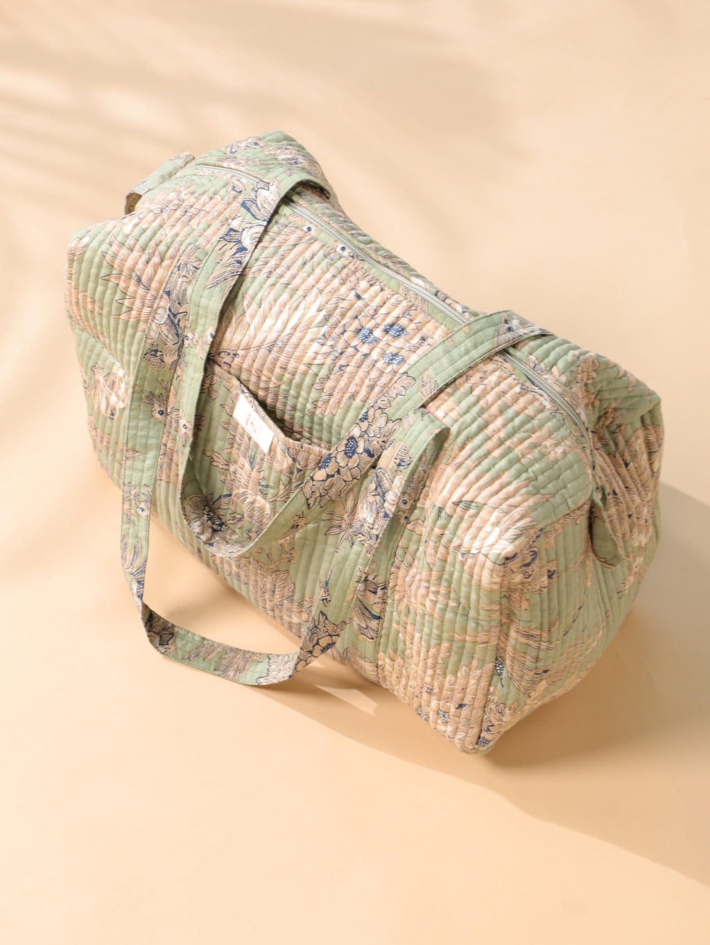 Handmade Canvas Duffel Bag - Sage Green Pink Floral Block Print Gym and Weekend Travel Bag