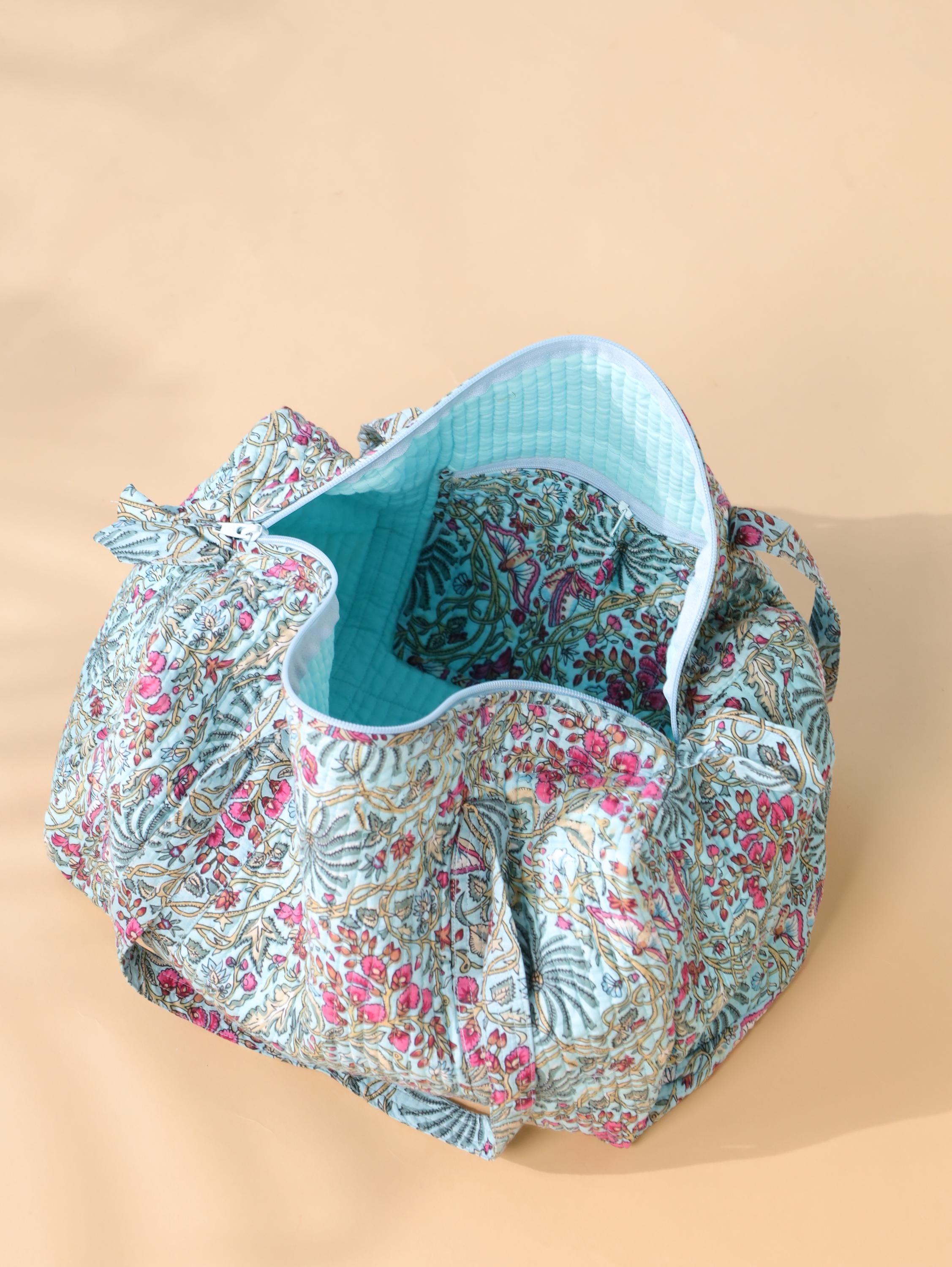 Handmade Floral Canvas Duffel Bag – Teal Aqua Botanical Weekend Travel Gym Bag