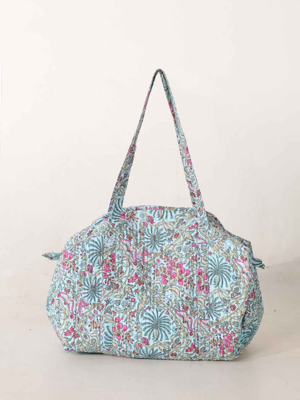 Handmade Floral Canvas Duffel Bag – Teal Aqua Botanical Weekend Travel Gym Bag