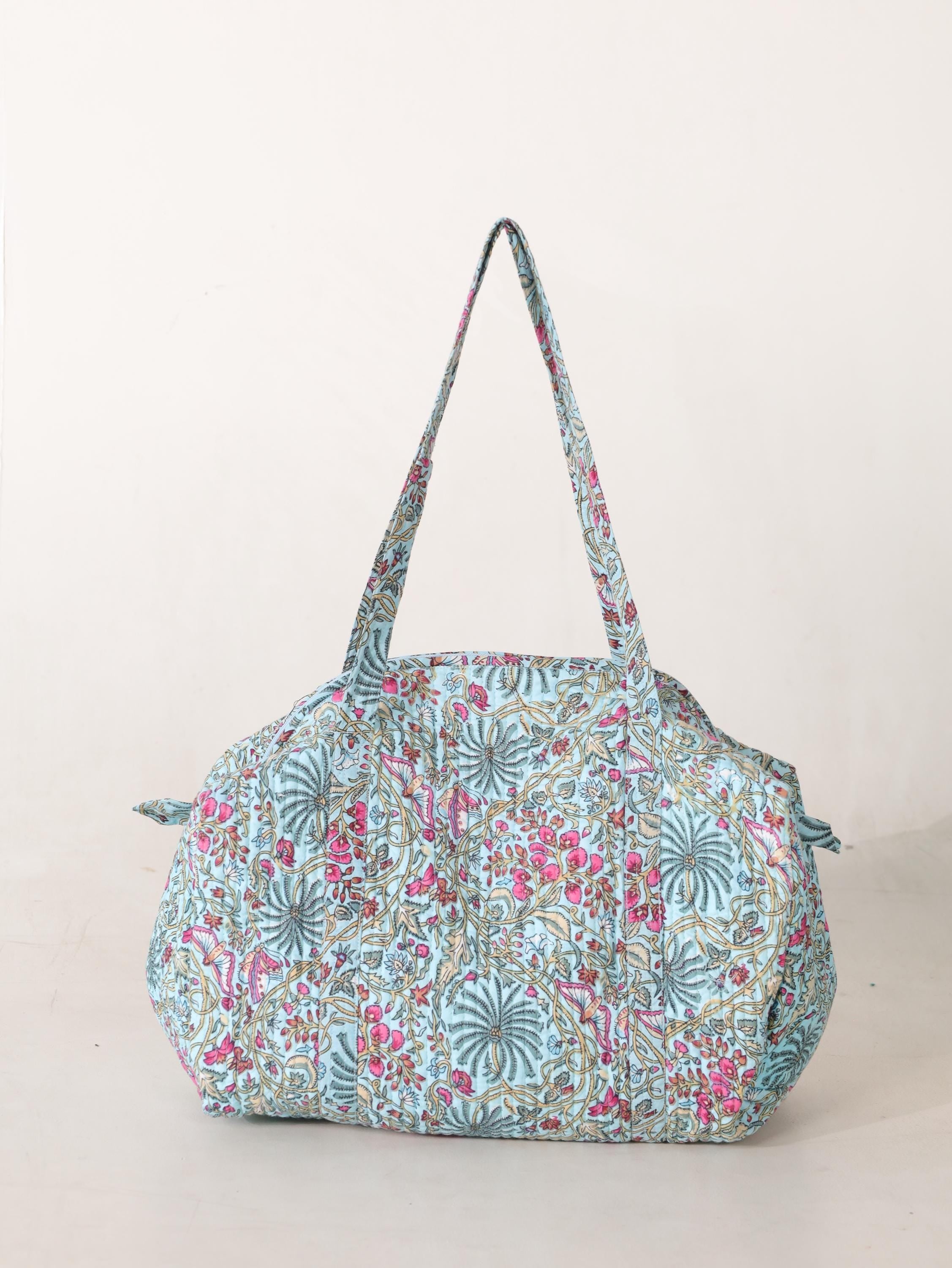 Handmade Floral Canvas Duffel Bag – Teal Aqua Botanical Weekend Travel Gym Bag
