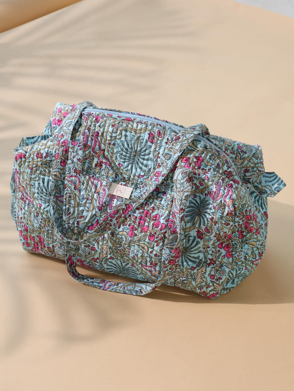 Handmade Floral Canvas Duffel Bag – Teal Aqua Botanical Weekend Travel Gym Bag
