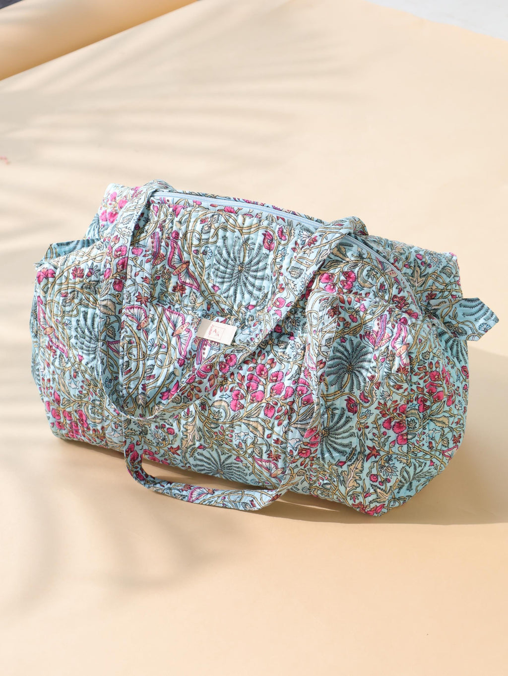 Handmade Floral Canvas Duffel Bag – Teal Aqua Botanical Weekend Travel Gym Bag