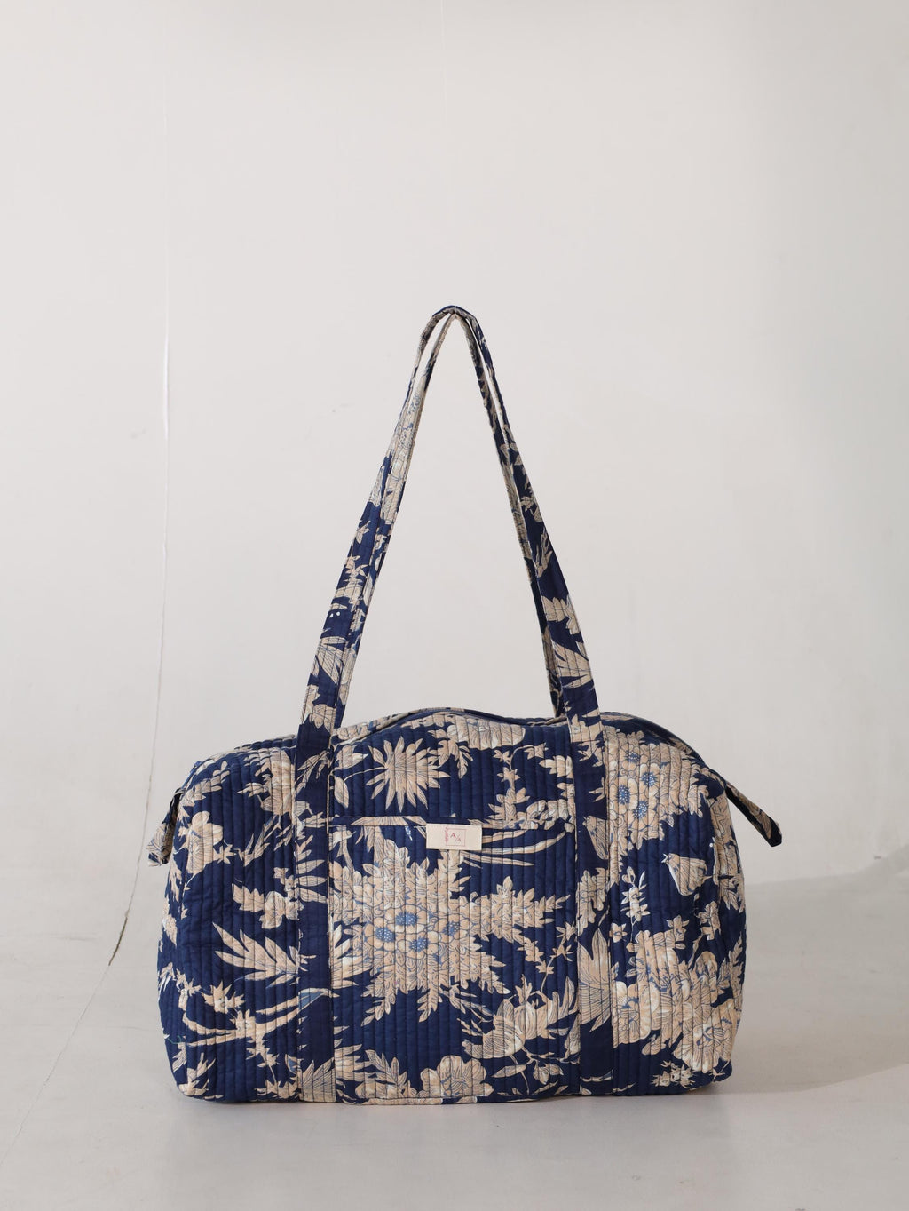 Handmade Canvas Duffel Bag - Navy Blue Floral Block Print Gym and Weekend Travel Bag