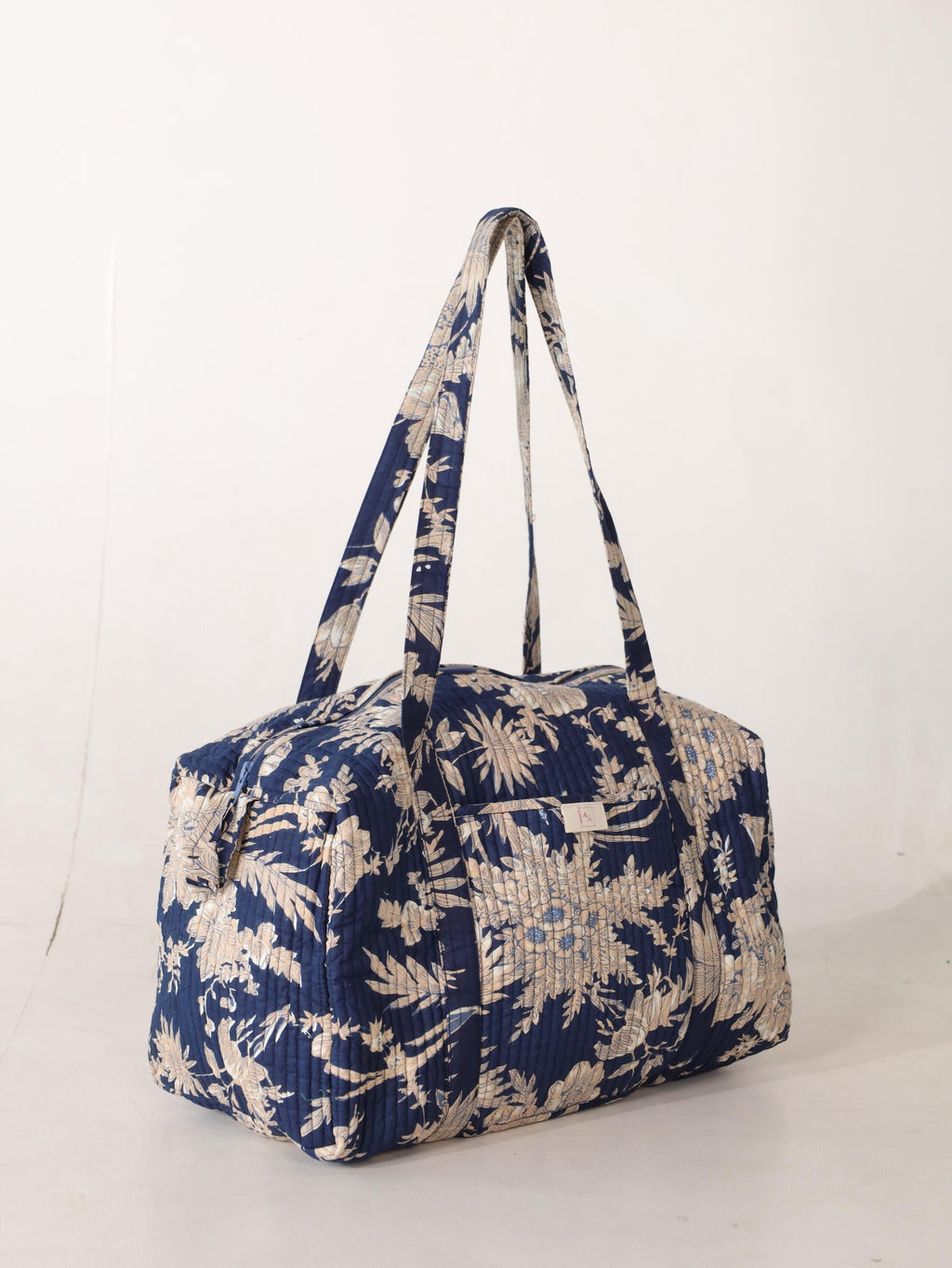 Handmade Canvas Duffel Bag - Navy Blue Floral Block Print Gym and Weekend Travel Bag