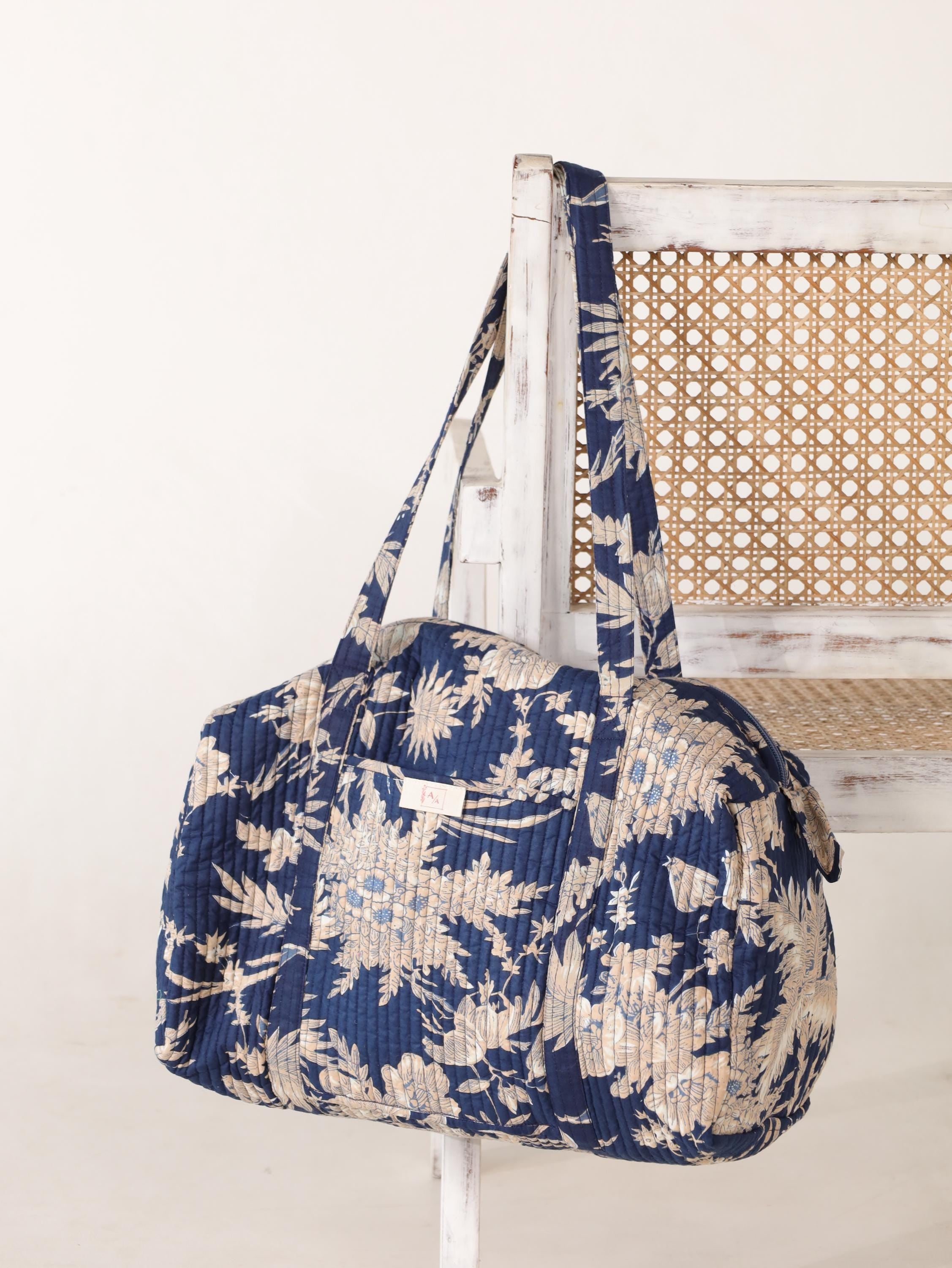 Handmade Canvas Duffel Bag - Navy Blue Floral Block Print Gym and Weekend Travel Bag