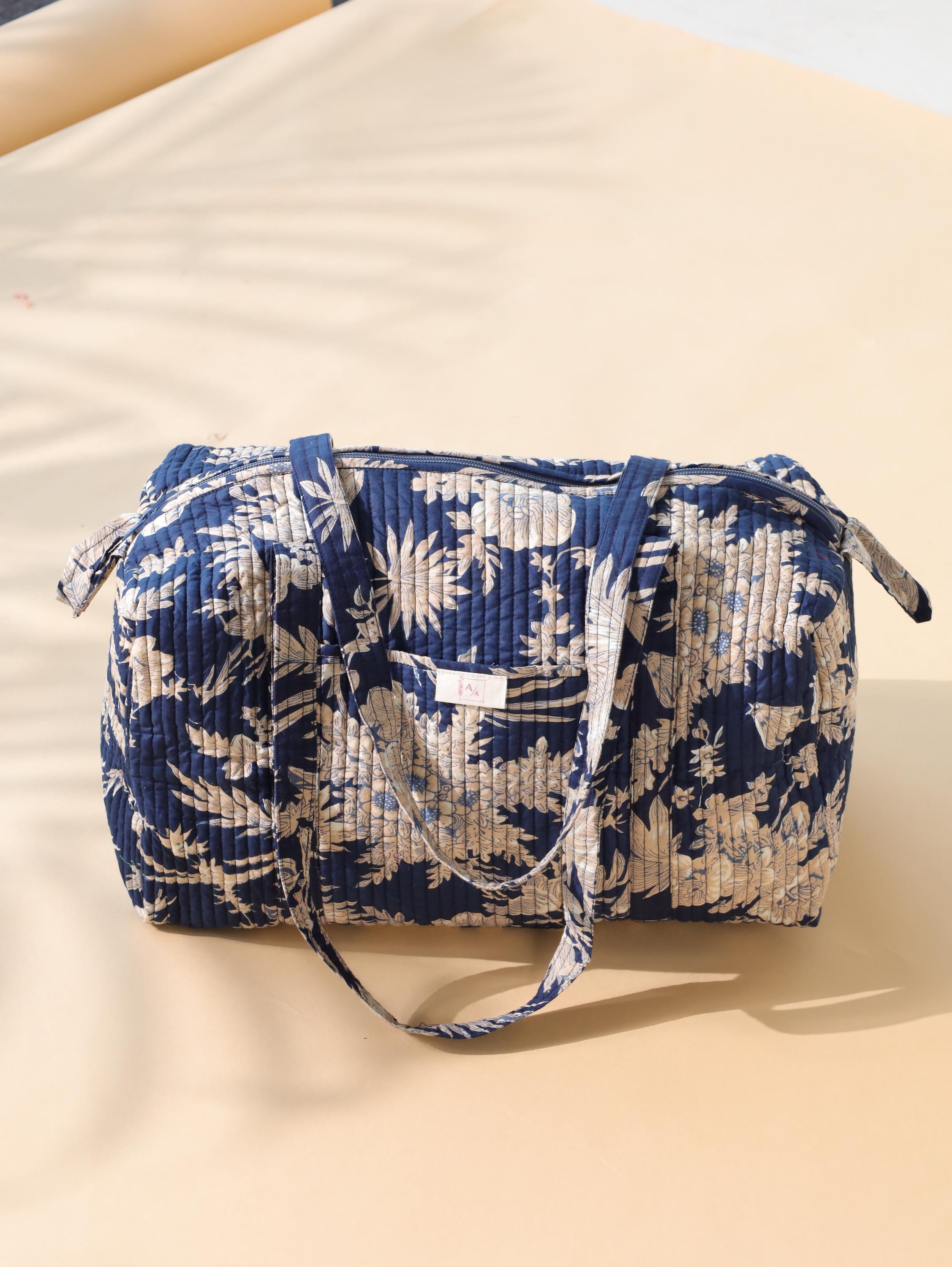 Handmade Canvas Duffel Bag - Navy Blue Floral Block Print Gym and Weekend Travel Bag