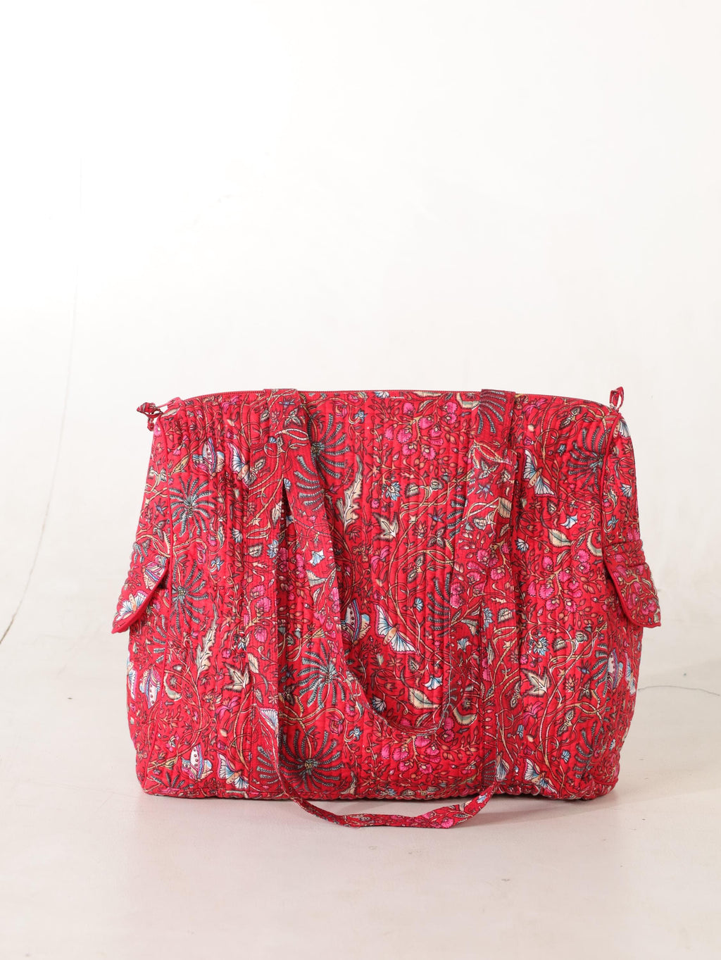 Handcrafted Cotton Weekender Bag - Floral Travel Tote in Red Pink Floral