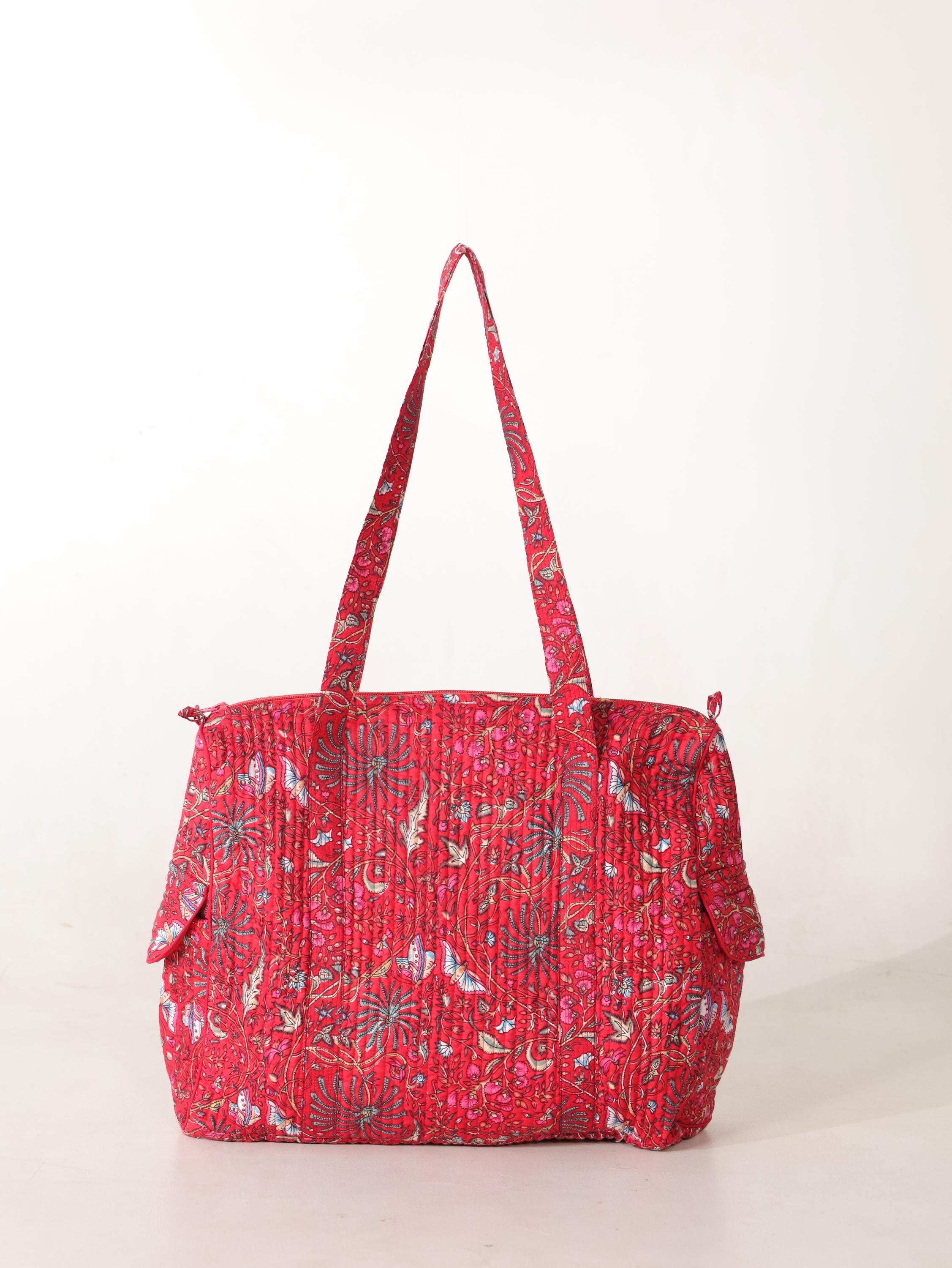 Handcrafted Cotton Weekender Bag - Floral Travel Tote in Red Pink Floral