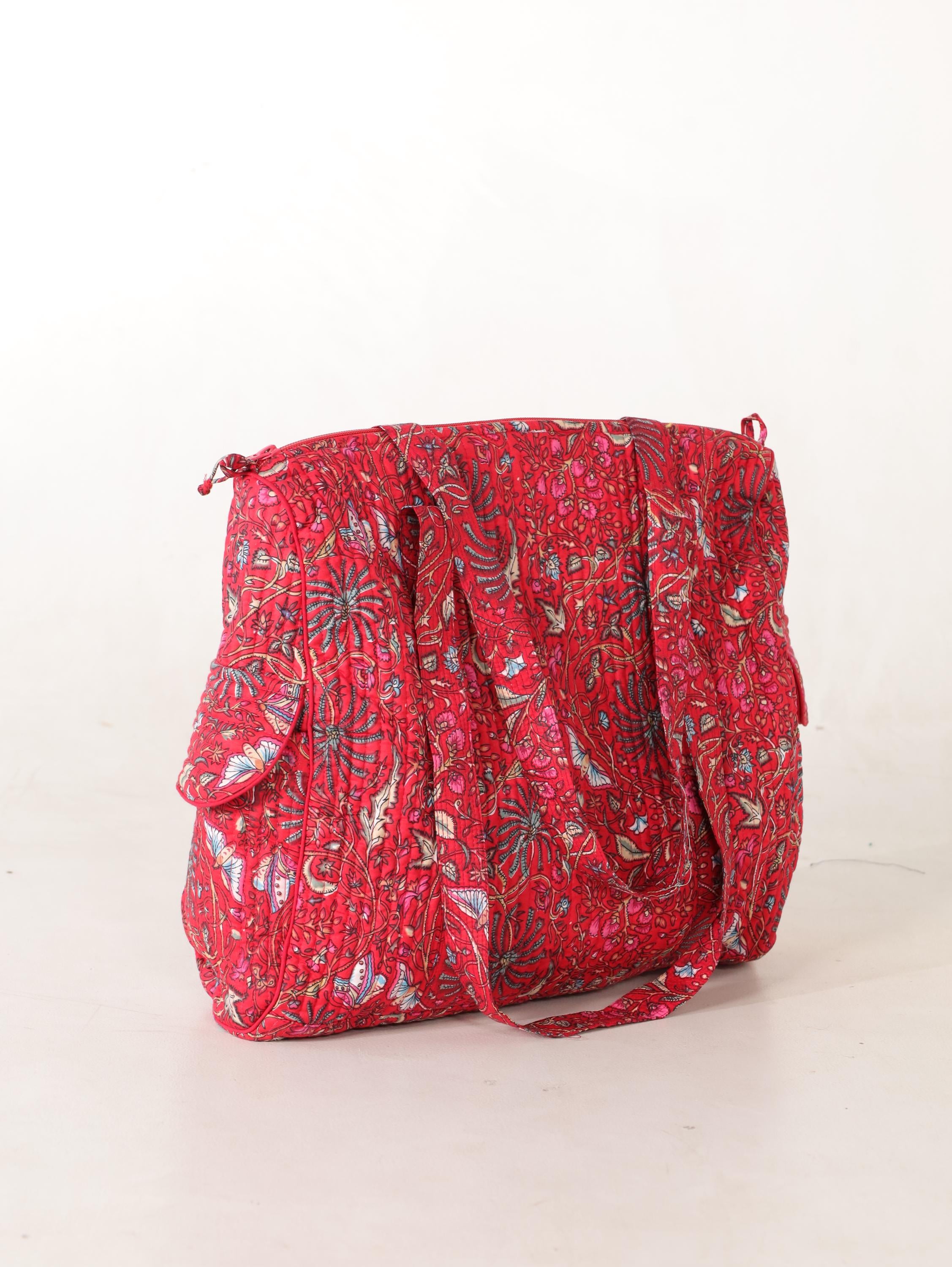 Handcrafted Cotton Weekender Bag - Floral Travel Tote in Red Pink Floral