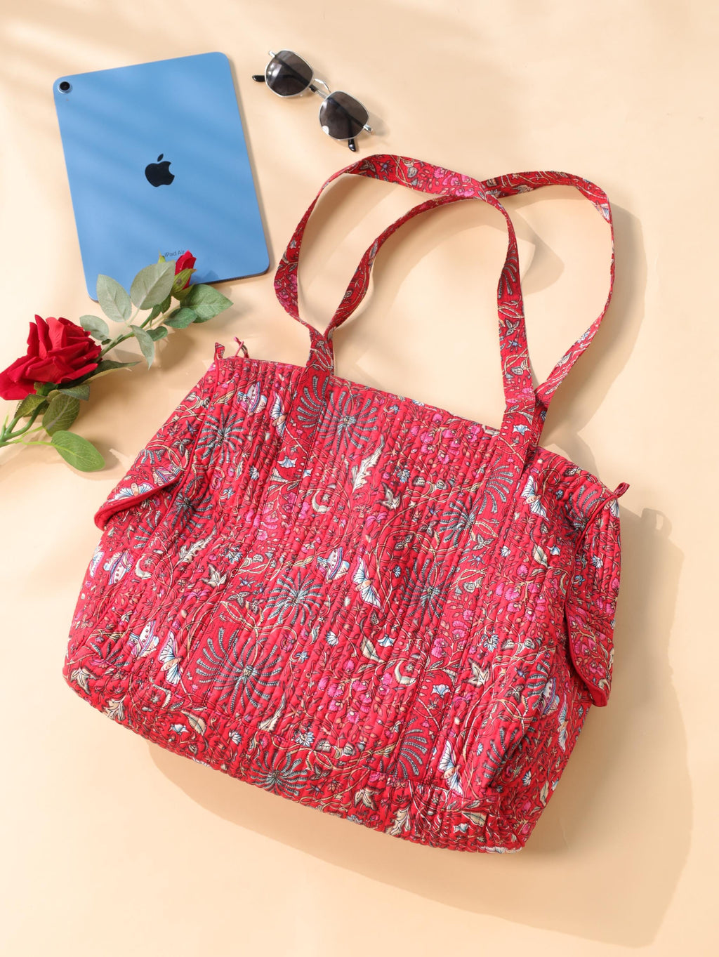 Handcrafted Cotton Weekender Bag - Floral Travel Tote in Red Pink Floral