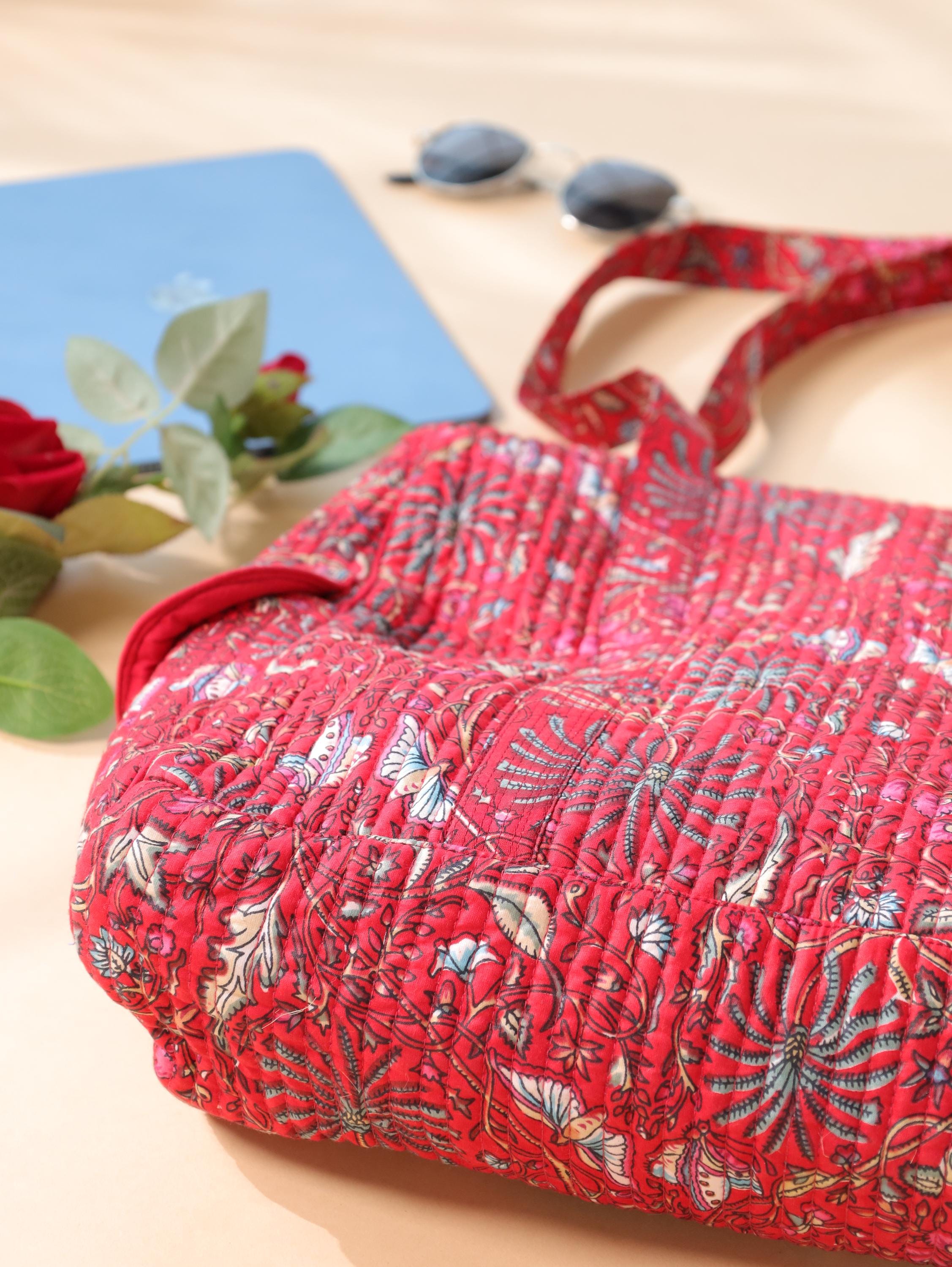 Handcrafted Cotton Weekender Bag - Floral Travel Tote in Red Pink Floral