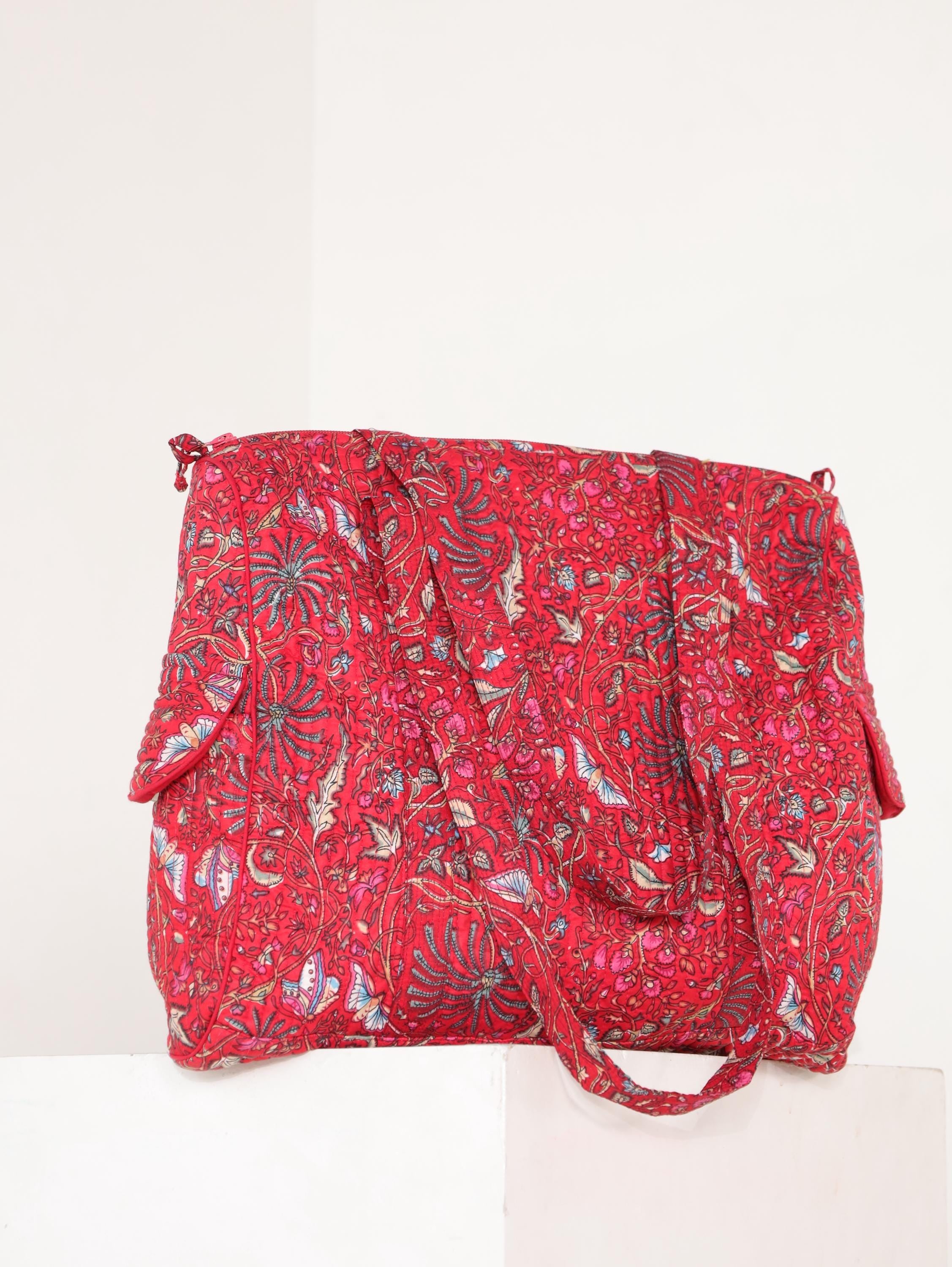 Handcrafted Cotton Weekender Bag - Floral Travel Tote in Red Pink Floral