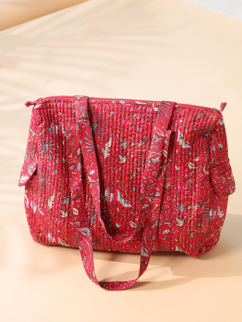Handcrafted Cotton Weekender Bag - Floral Travel Tote in Red Pink Floral