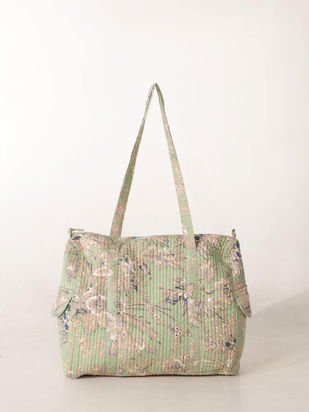 Floral Cotton Weekender Bag - Handcrafted Travel Tote in Light Green Mint Floral