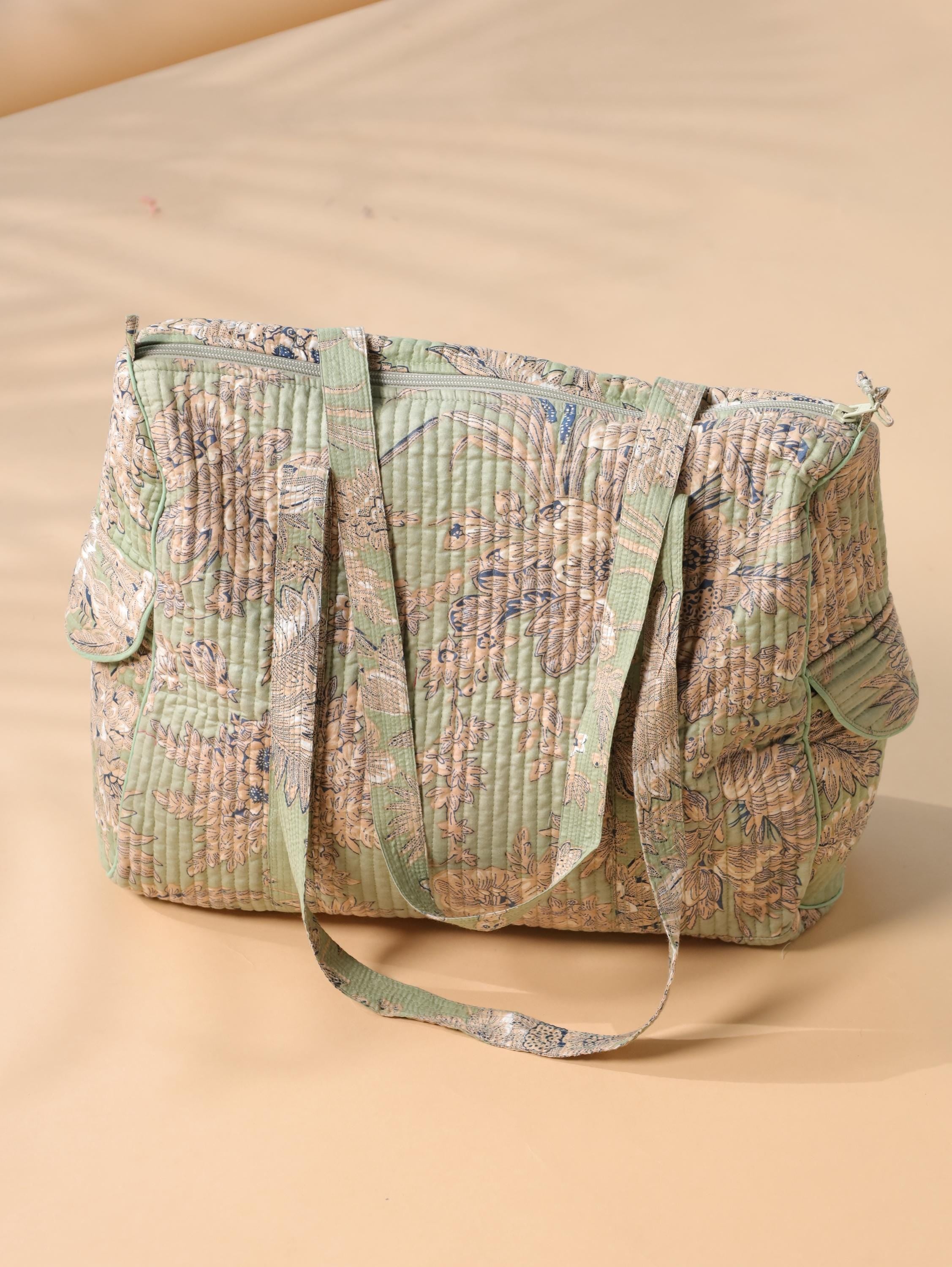 Floral Cotton Weekender Bag - Handcrafted Travel Tote in Light Green Mint Floral