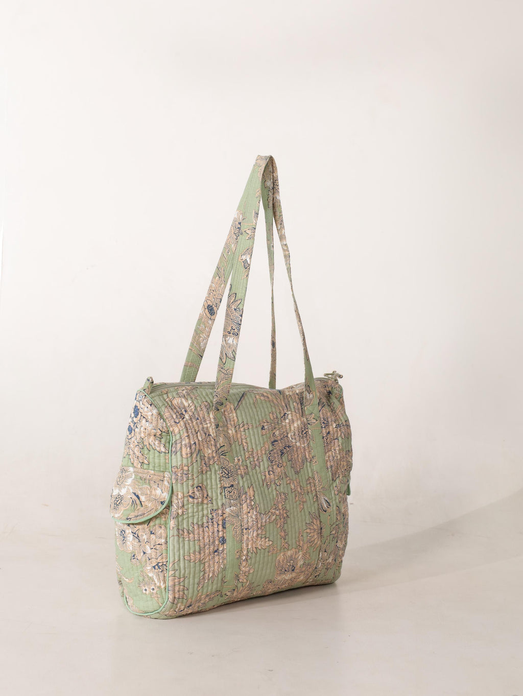 Floral Cotton Weekender Bag - Handcrafted Travel Tote in Light Green Mint Floral