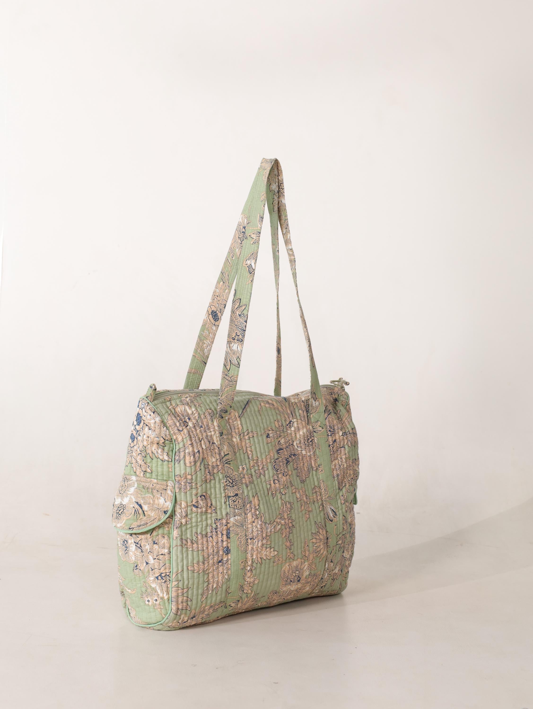 Floral Cotton Weekender Bag - Handcrafted Travel Tote in Light Green Mint Floral