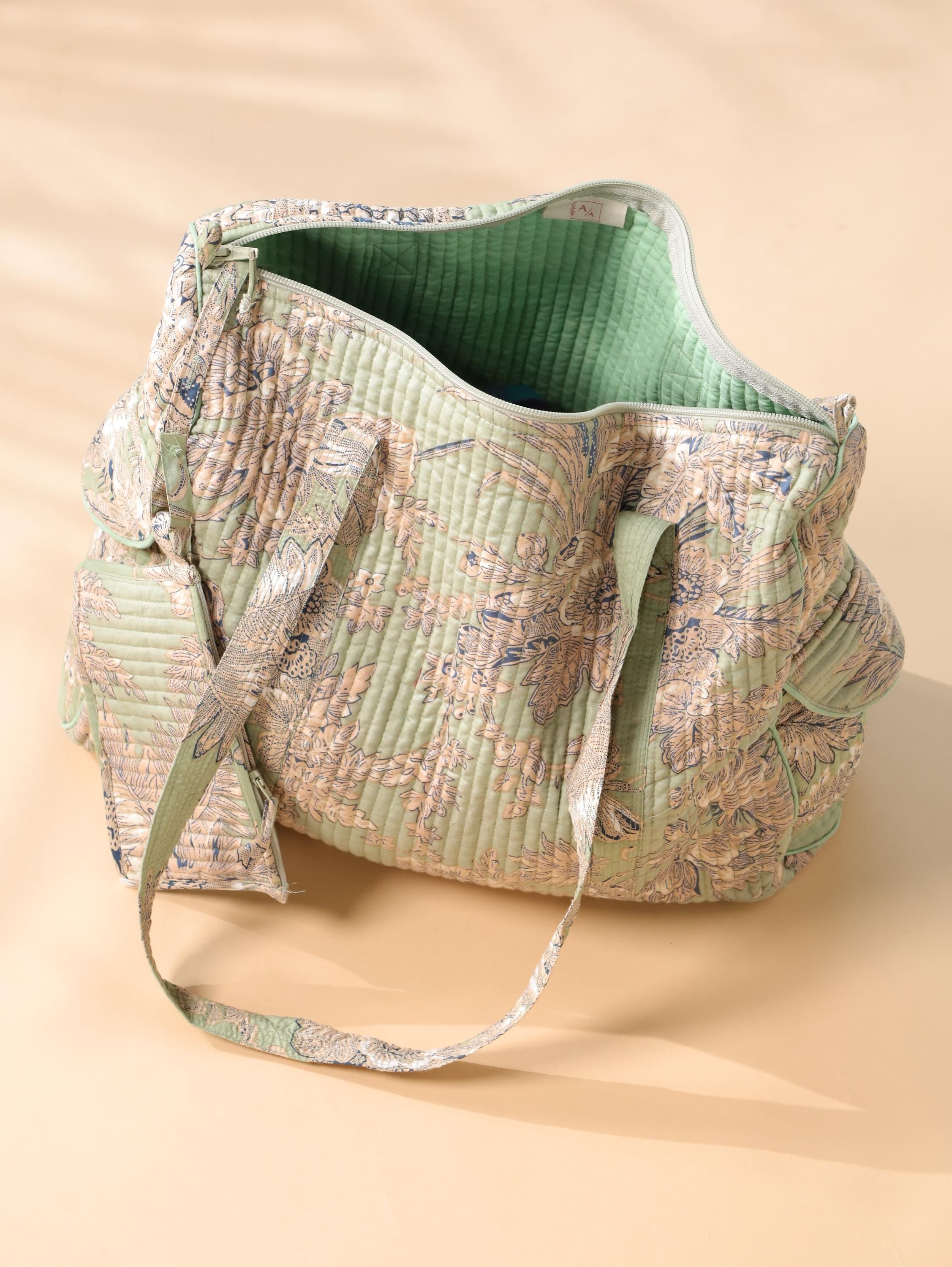 Floral Cotton Weekender Bag - Handcrafted Travel Tote in Light Green Mint Floral
