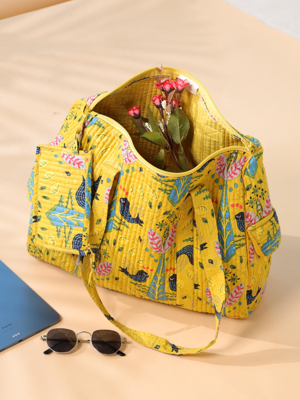 Handcrafted Cotton Weekender Bag - Floral Bird Print Tote in Yellow Blue