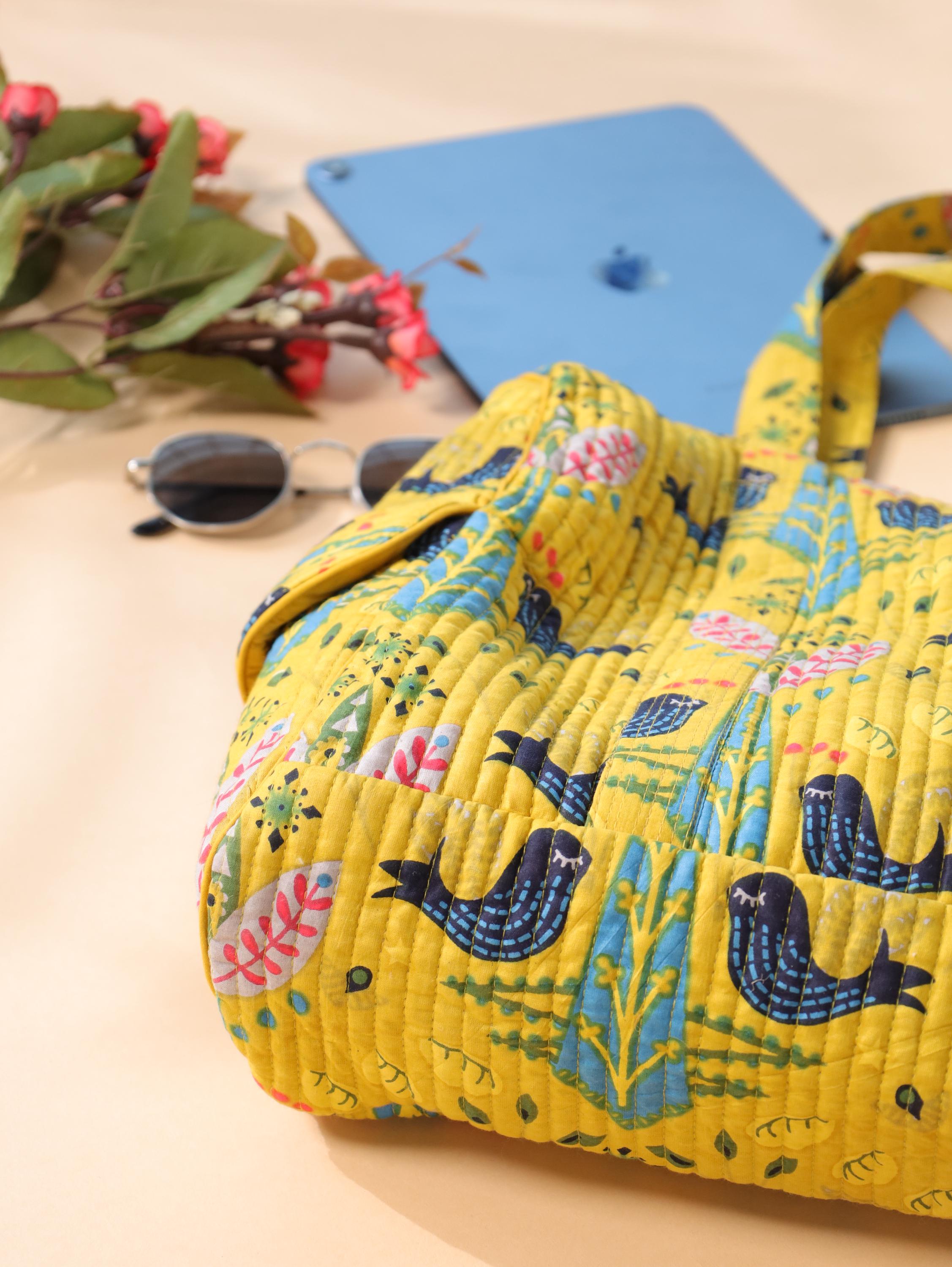 Handcrafted Cotton Weekender Bag - Floral Bird Print Tote in Yellow Blue